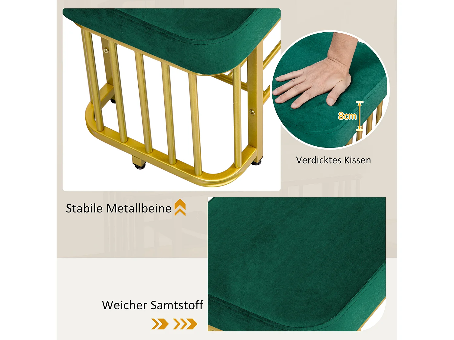 Banc à chaussures - 80 x 35 x 39.5 cm - assise en velours - structure en métal - pieds réglables - Métal - vert + doré