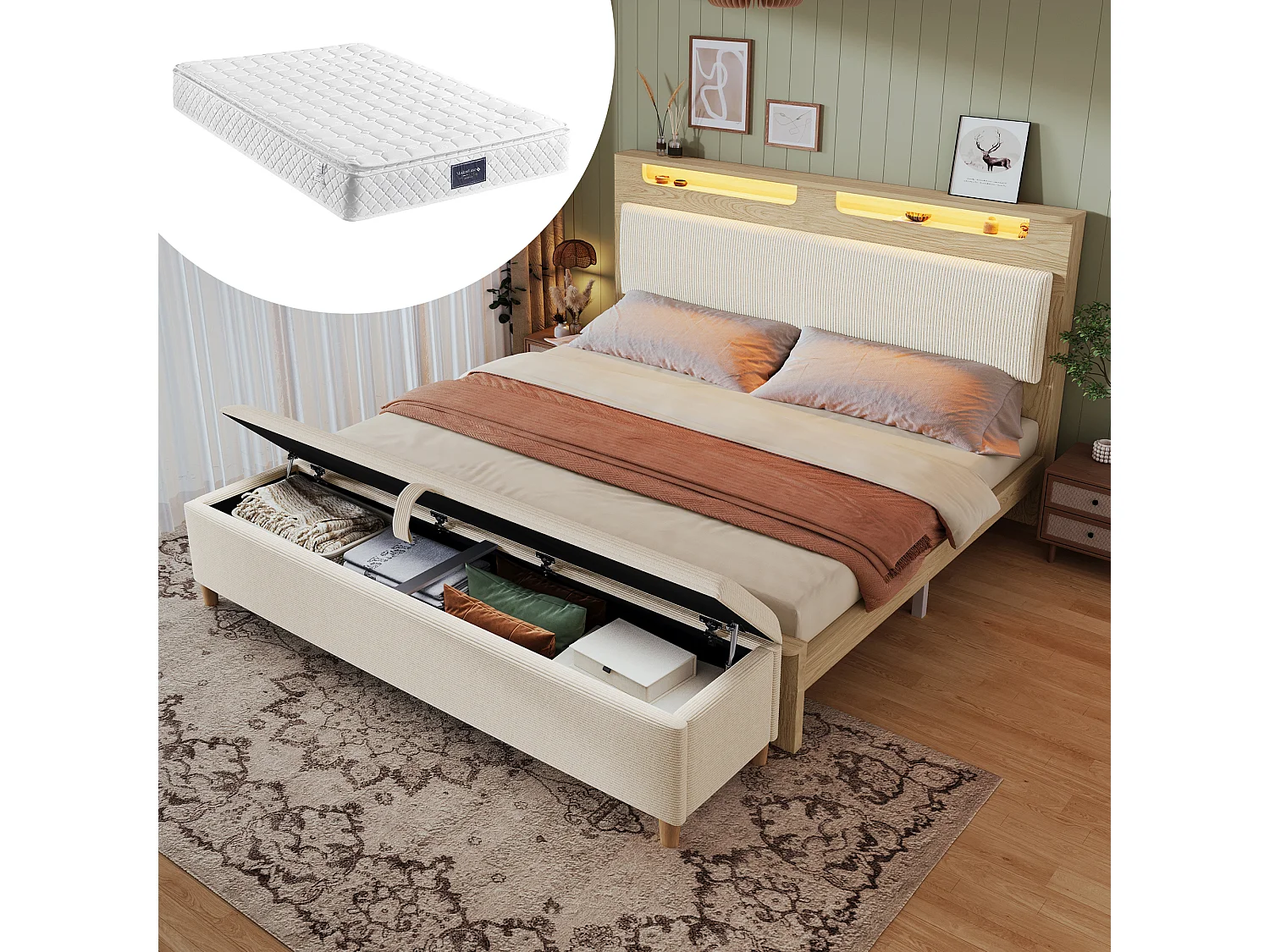 Dobbelt dagseng med opbevaring - 160 x 200 cm - hovedgærde med opbevaring + LED-lys - MDF - beige (med madras)