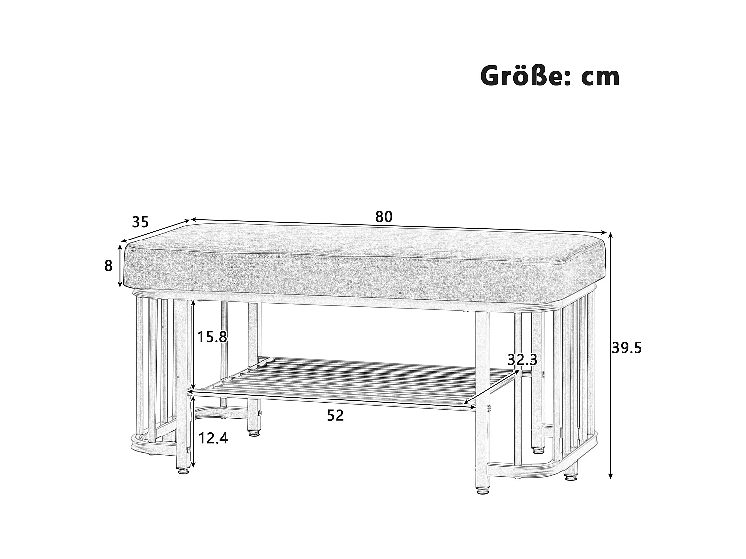 Banc à chaussures - 80 x 35 x 39.5 cm - assise en velours - structure en métal - pieds réglables - Métal - gris + noir