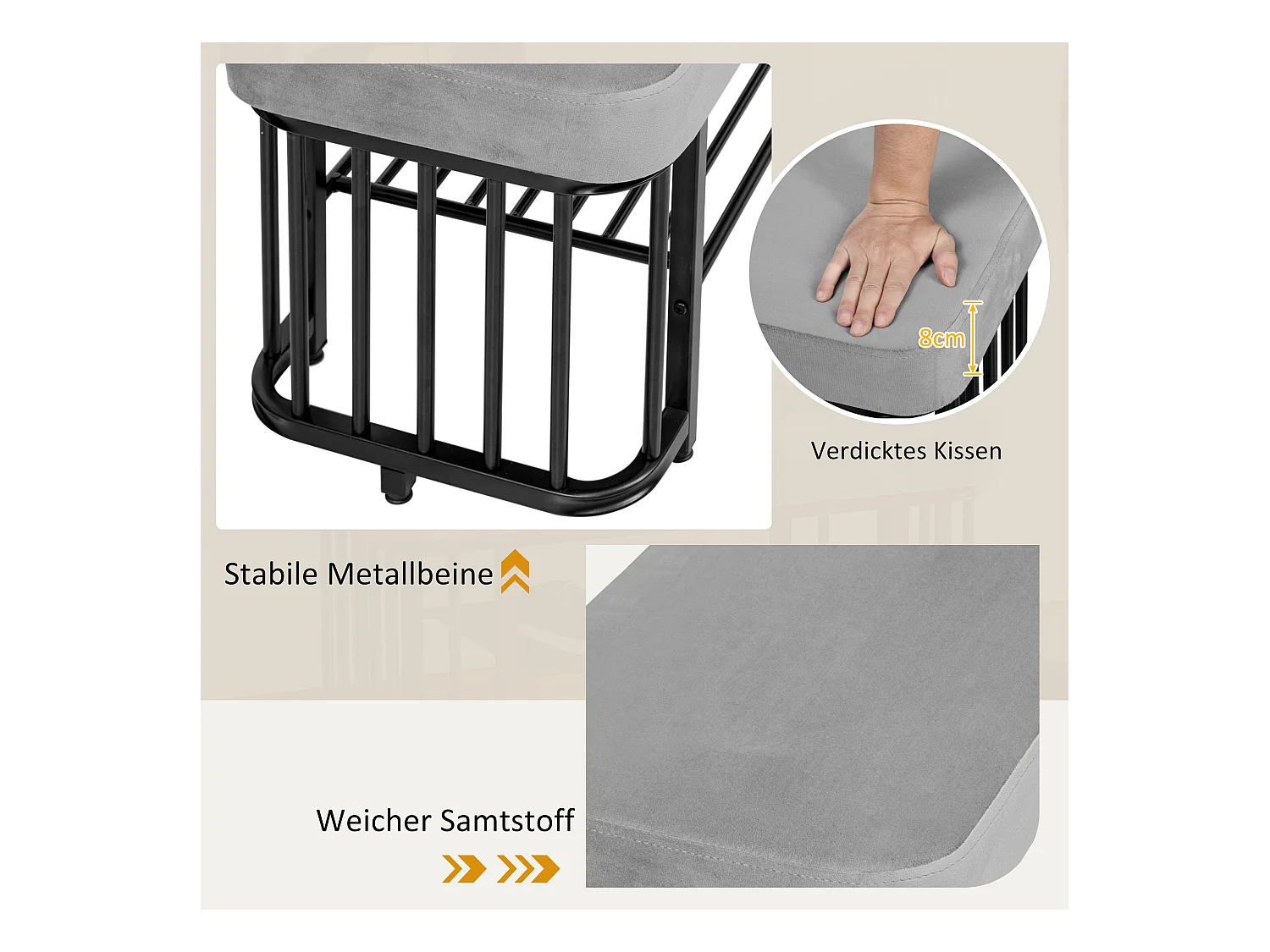 Banc à chaussures - 80 x 35 x 39.5 cm - assise en velours - structure en métal - pieds réglables - Métal - gris + noir