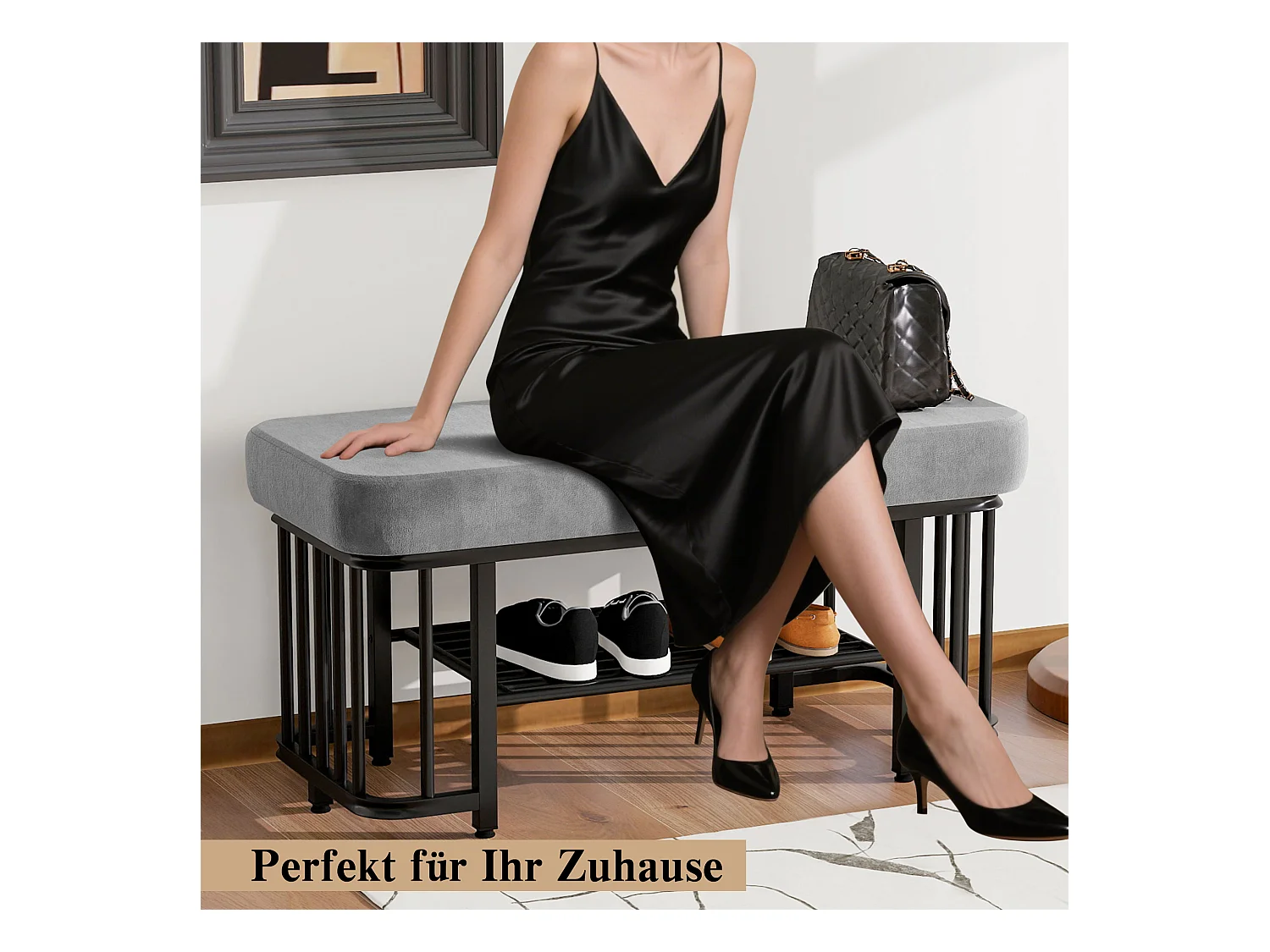 Banc à chaussures - 80 x 35 x 39.5 cm - assise en velours - structure en métal - pieds réglables - Métal - gris + noir