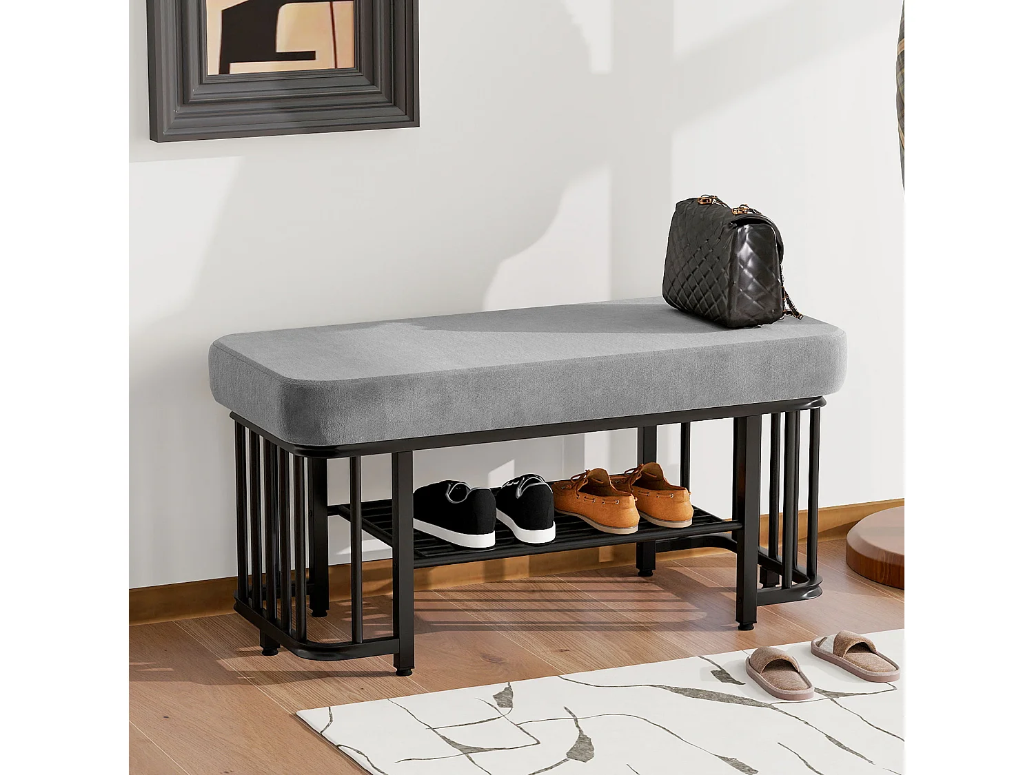 Ławka na buty - 80 x 35 x 39,5 cm - siedzisko welurowe - metalowa rama - regulowane nóżki - metalowa - szara + czarna