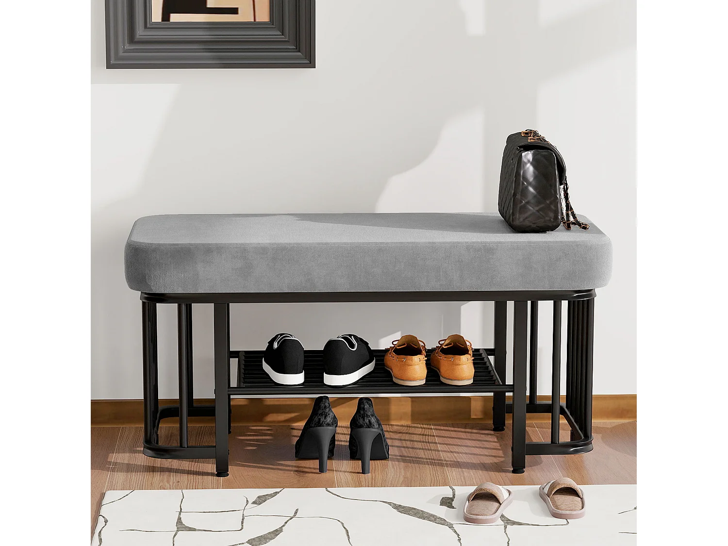 Ławka na buty - 80 x 35 x 39,5 cm - siedzisko welurowe - metalowa rama - regulowane nóżki - metalowa - szara + czarna