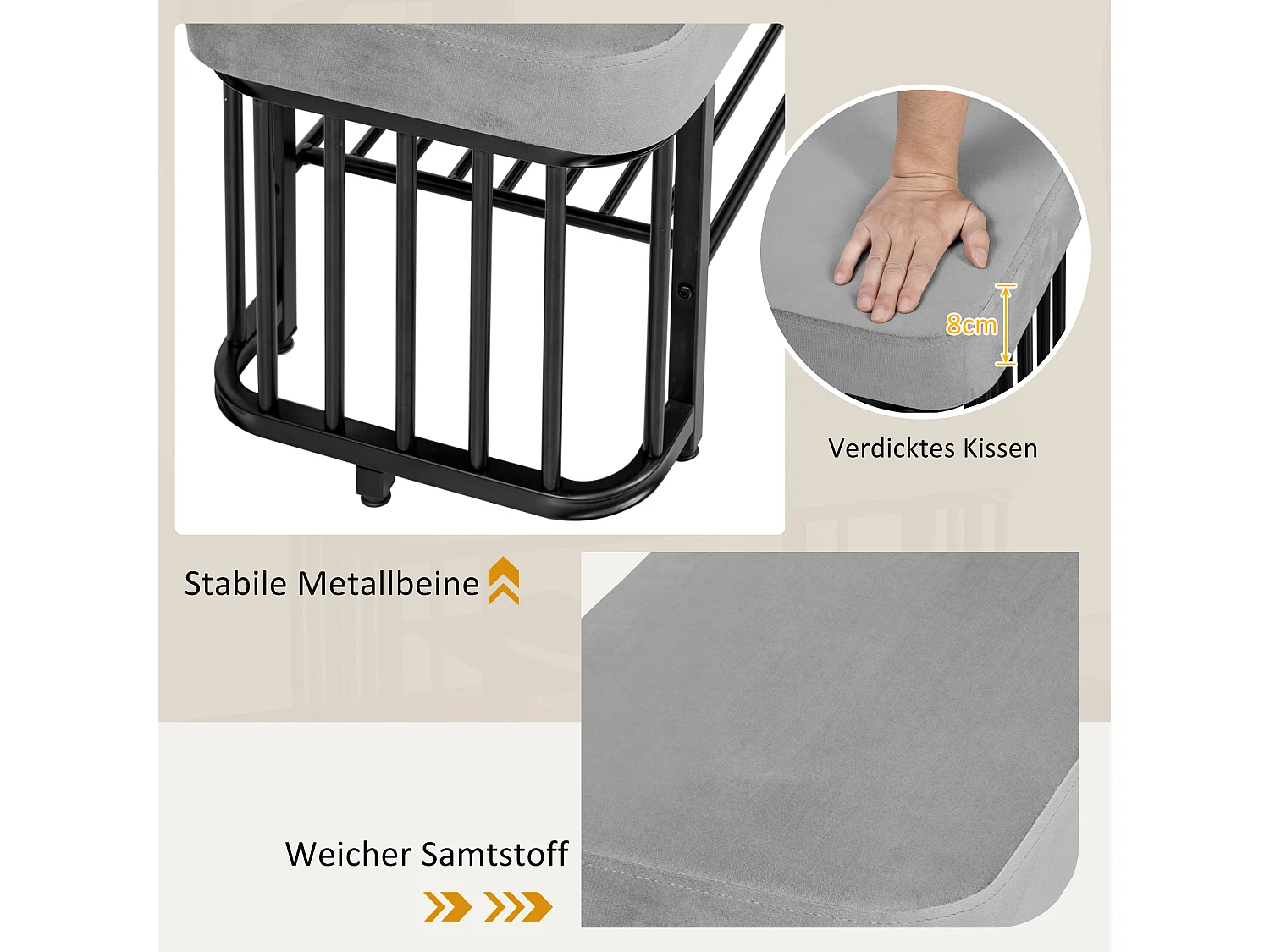 Ławka na buty - 80 x 35 x 39,5 cm - siedzisko welurowe - metalowa rama - regulowane nóżki - metalowa - szara + czarna