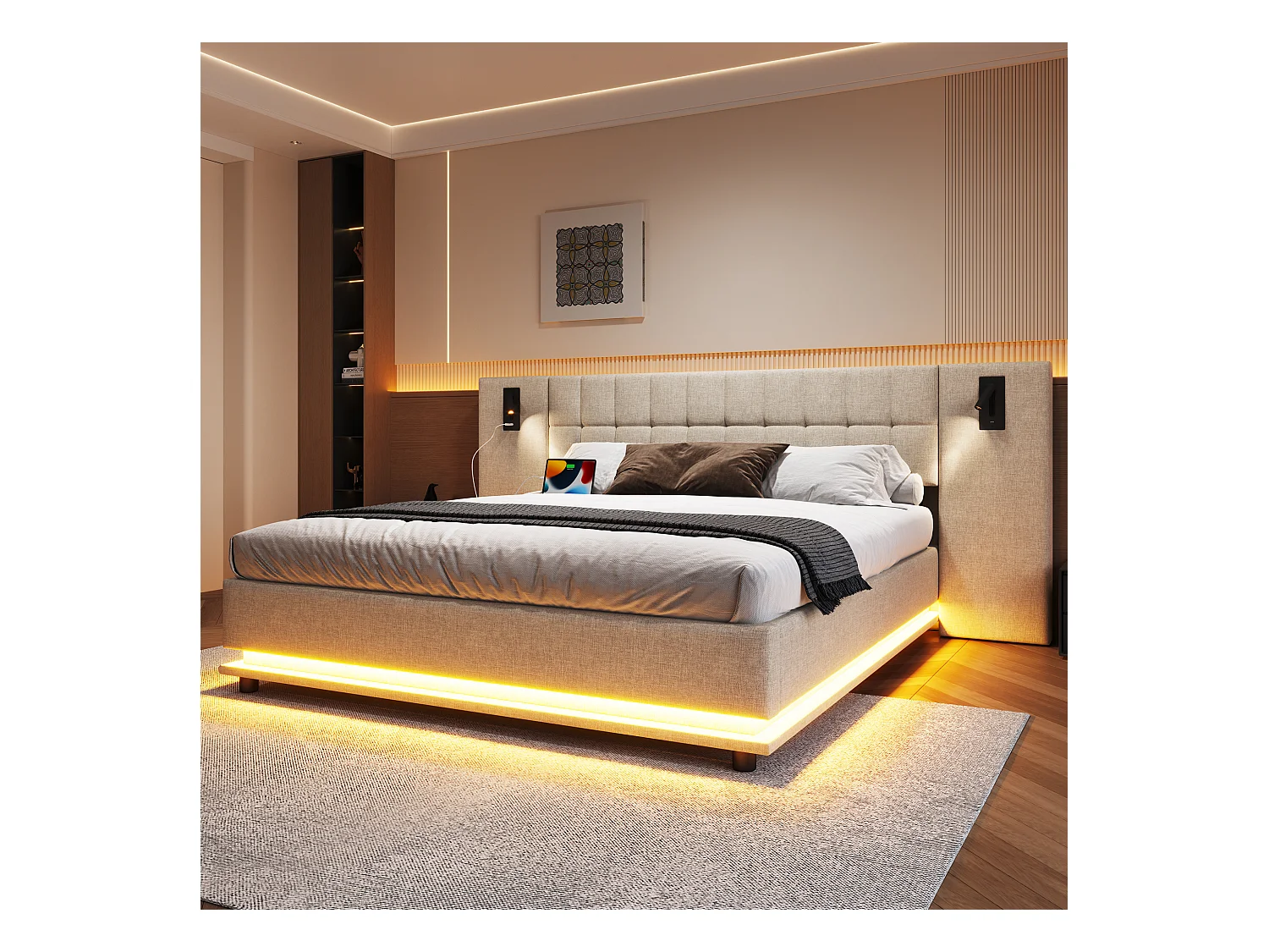 Lit rembourré double - 180 x 200 cm - avec Leds + tête de lit avec spot + USB - lin - beige