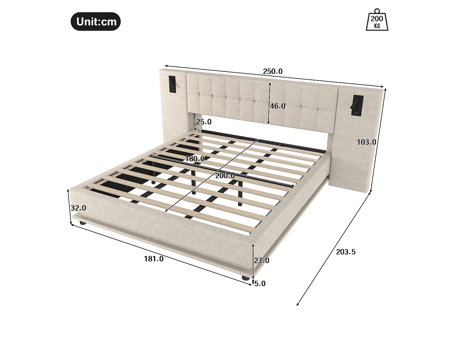 Letto matrimoniale imbottito - 180 x 200 cm - con LED + testiera con faretto + USB - lino - beige