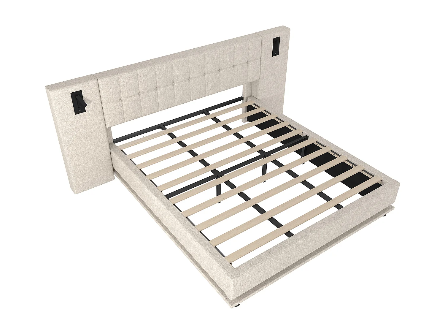 Letto matrimoniale imbottito - 180 x 200 cm - con LED + testiera con faretto + USB - lino - beige