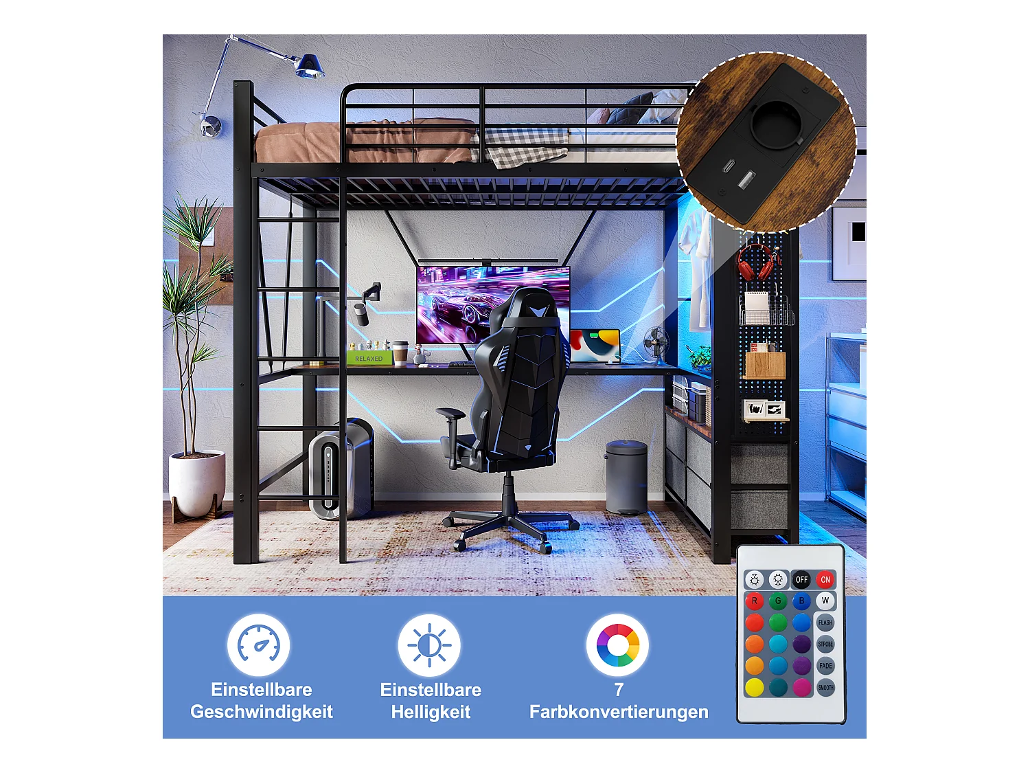 Lit mezzanine enfant - 90 x 200 cm - structure en fer - avec bureau + 4 tiroirs + Leds - métal - noir