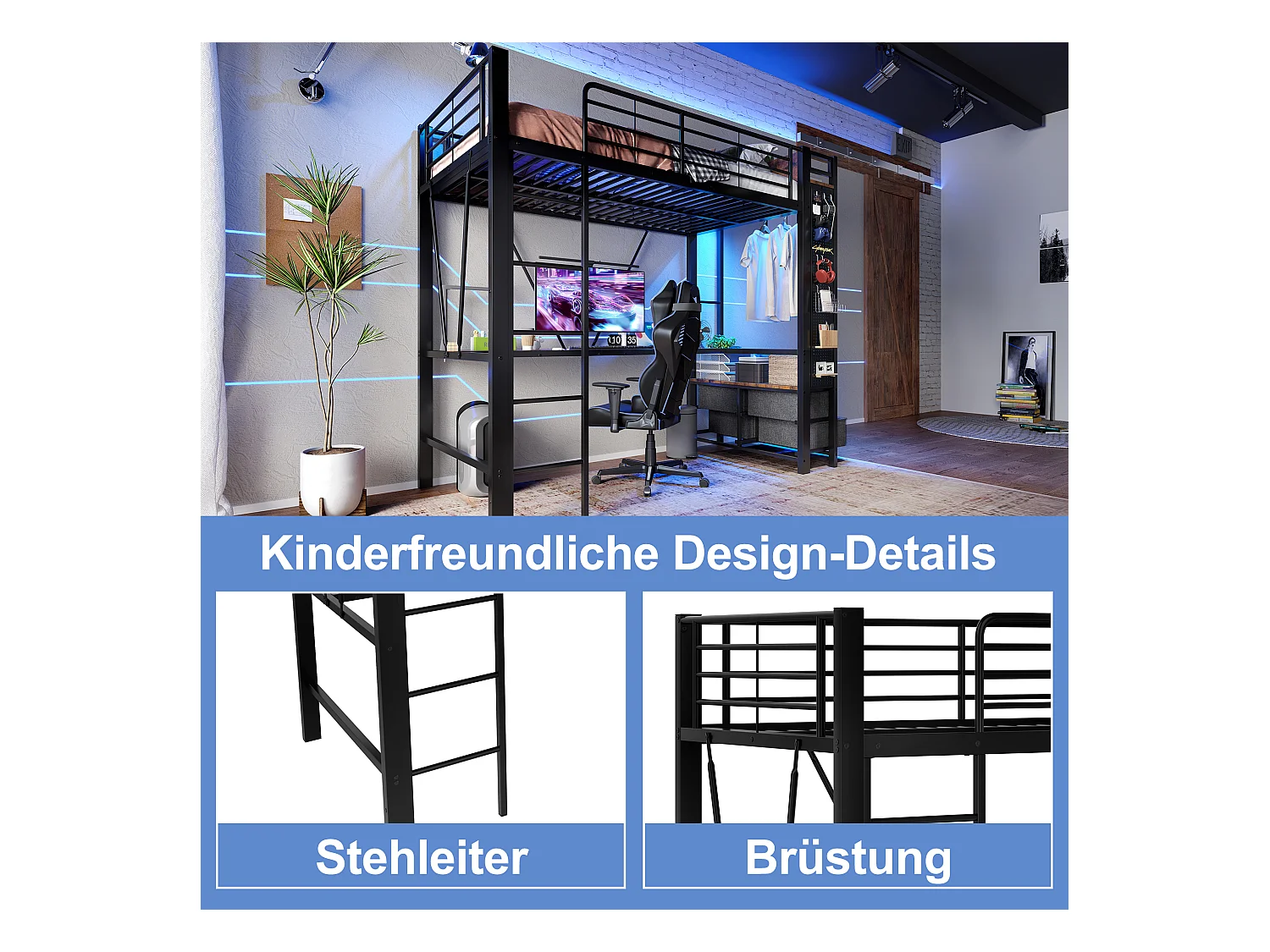 Lit mezzanine enfant - 90 x 200 cm - structure en fer - avec bureau + 4 tiroirs + Leds - métal - noir