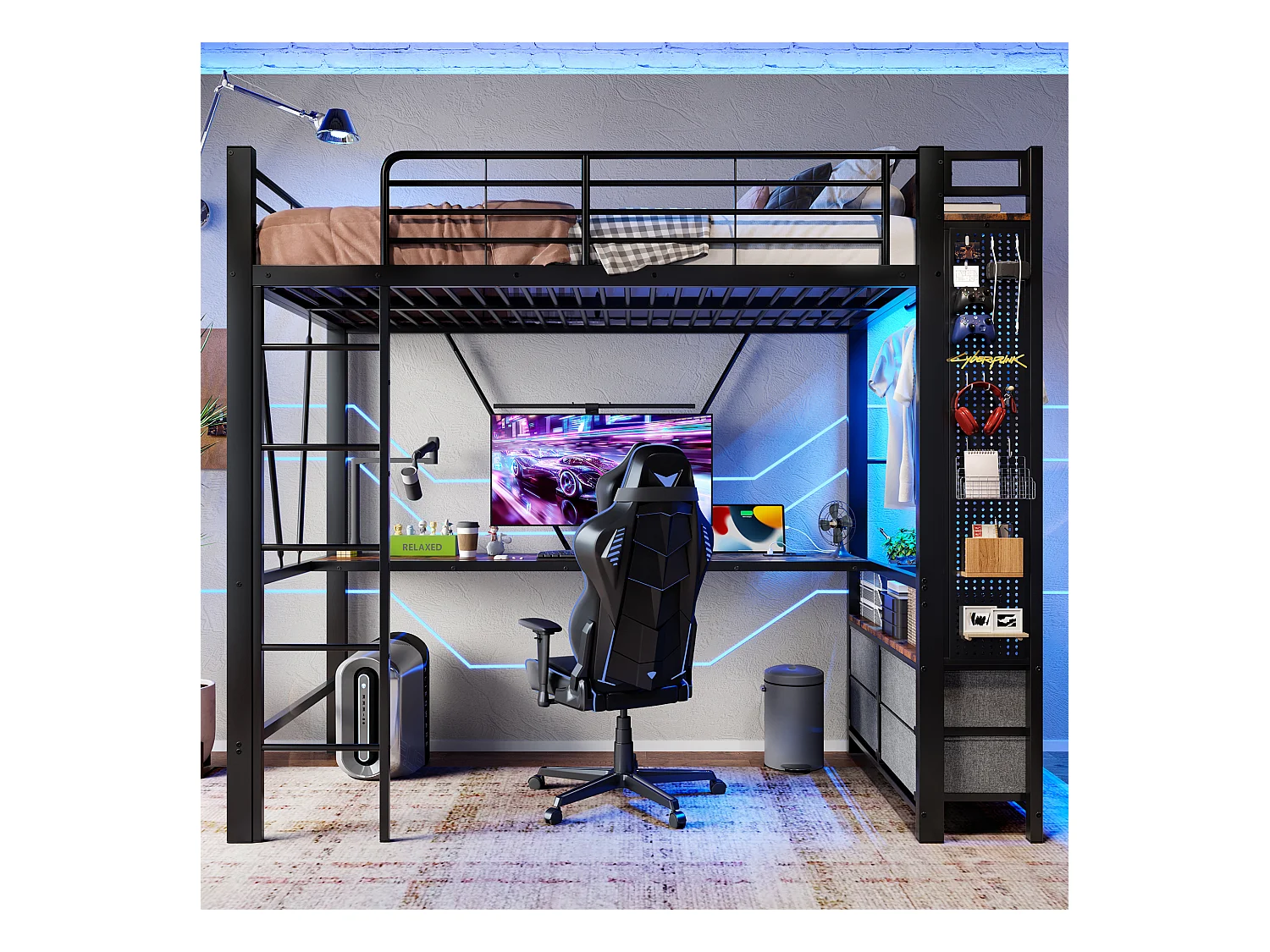 Lit mezzanine enfant - 90 x 200 cm - structure en fer - avec bureau + 4 tiroirs + Leds - métal - noir