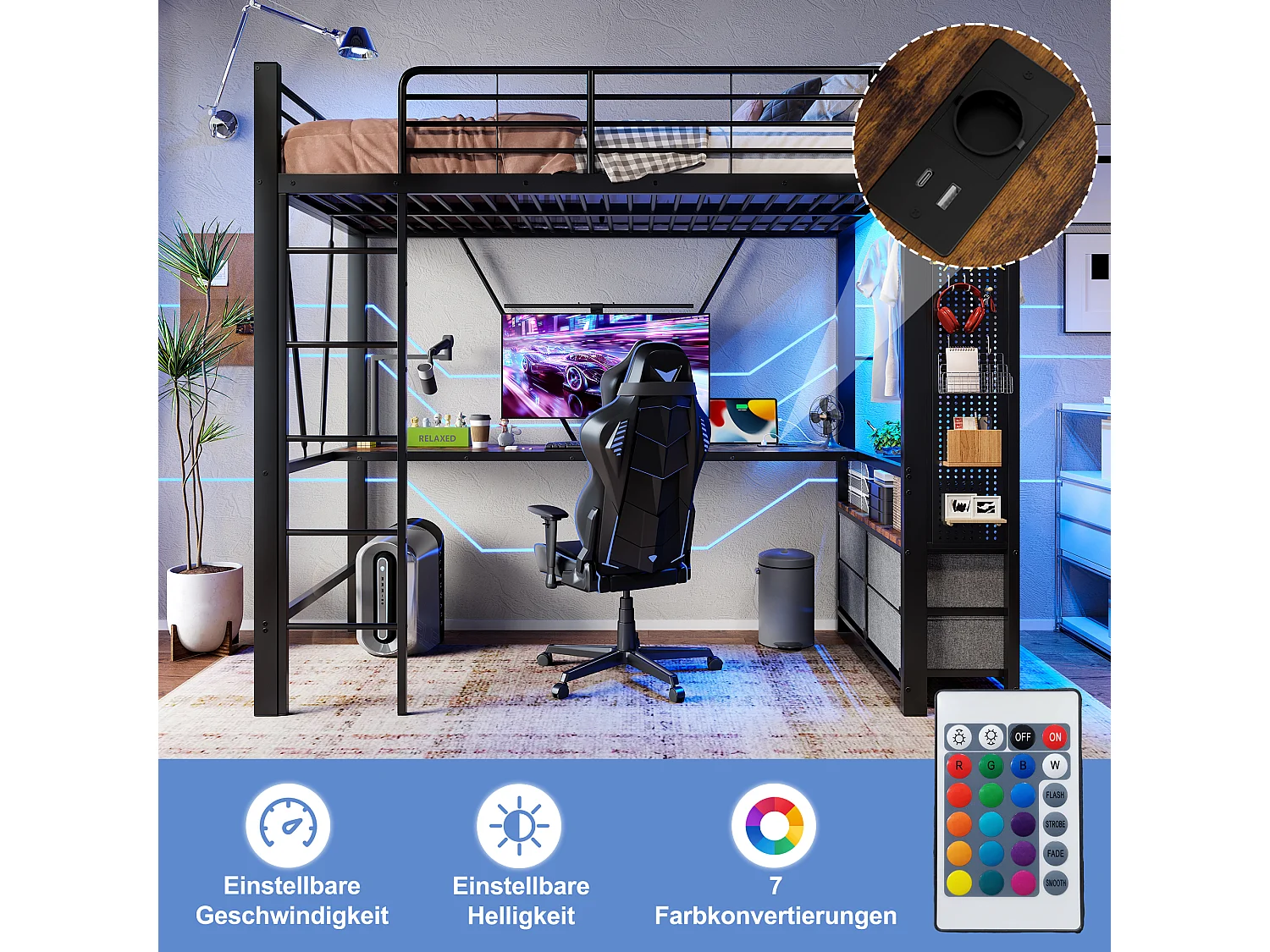 Kinderhochbett - 90 x 200 cm - Eisenkonstruktion - mit Schreibtisch + 4 Schubladen + LEDs - Metall - Schwarz