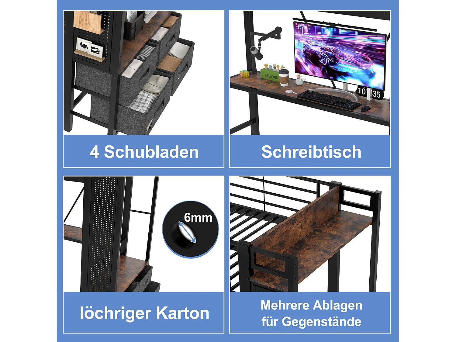 Kinderhochbett - 90 x 200 cm - Eisenkonstruktion - mit Schreibtisch + 4 Schubladen + LEDs - Metall - Schwarz