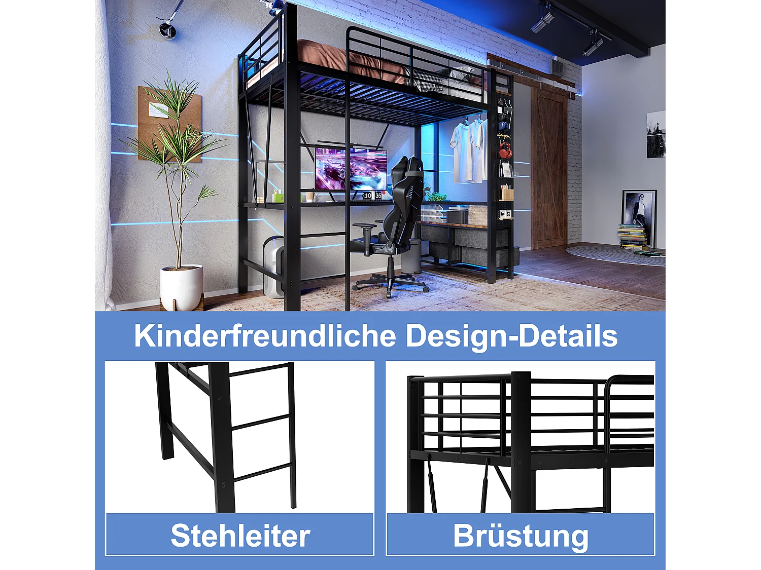 Kinderhochbett - 90 x 200 cm - Eisenkonstruktion - mit Schreibtisch + 4 Schubladen + LEDs - Metall - Schwarz