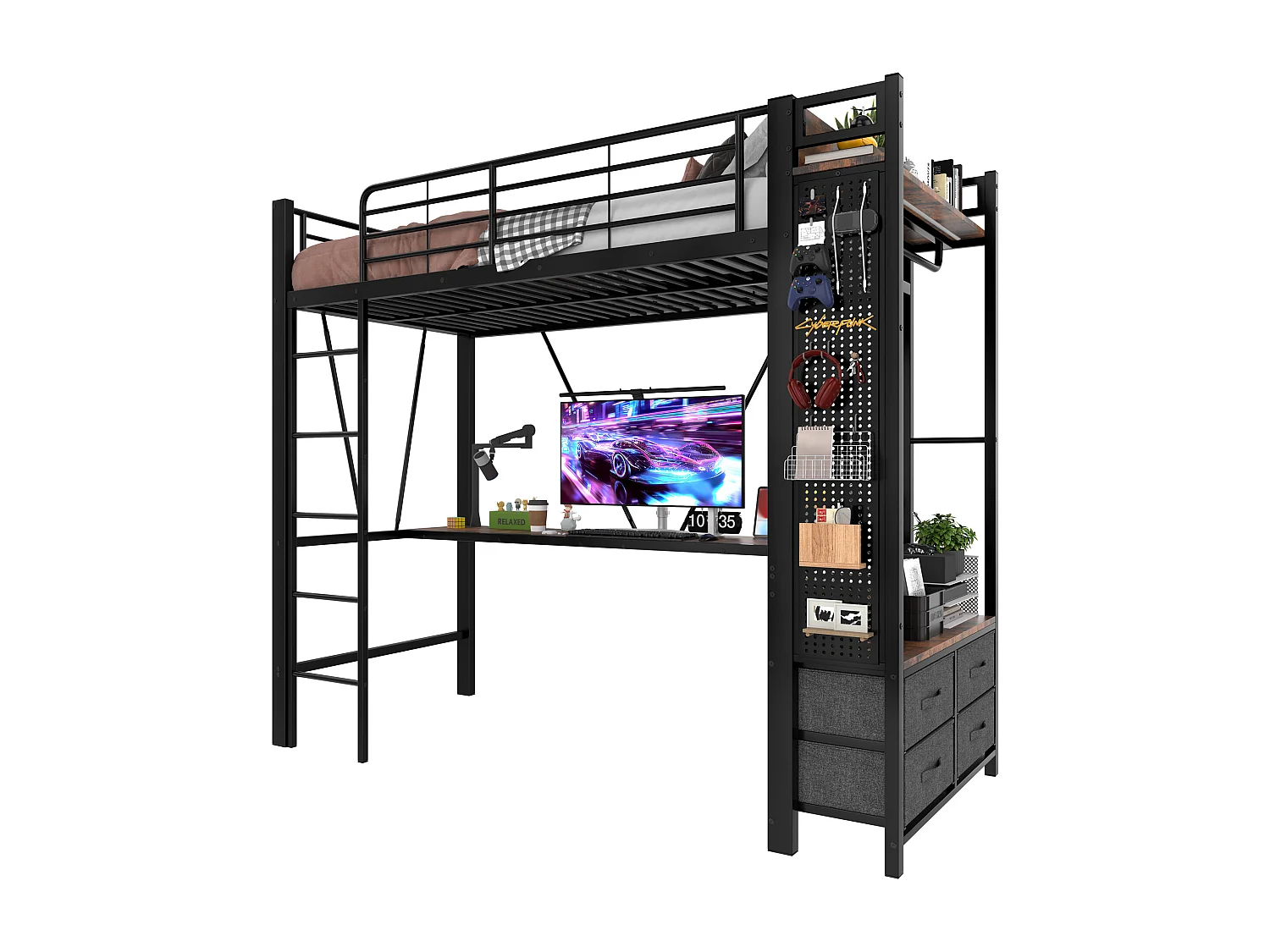 Kinderhochbett - 90 x 200 cm - Eisenkonstruktion - mit Schreibtisch + 4 Schubladen + LEDs - Metall - Schwarz