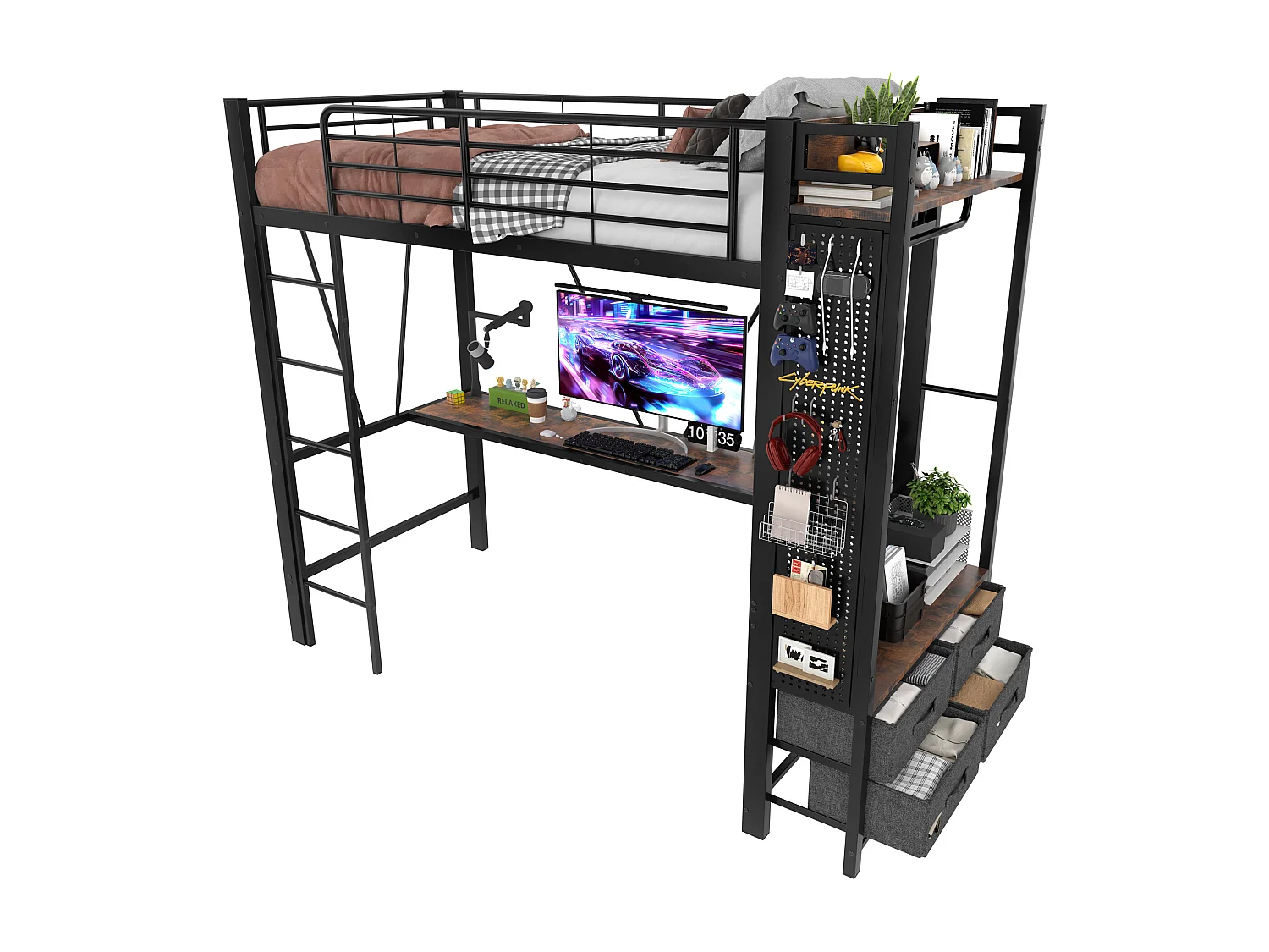 Kinderhochbett - 90 x 200 cm - Eisenkonstruktion - mit Schreibtisch + 4 Schubladen + LEDs - Metall - Schwarz