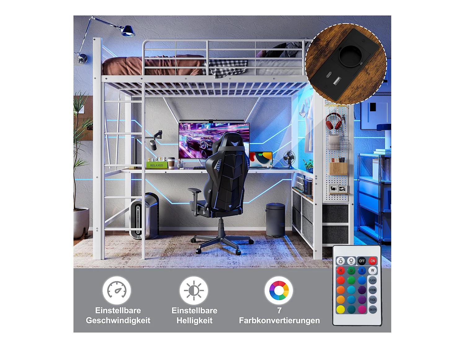 Lit mezzanine enfant - 90 x 200 cm - structure en fer - avec bureau + 4 tiroirs + Leds - métal - blanc