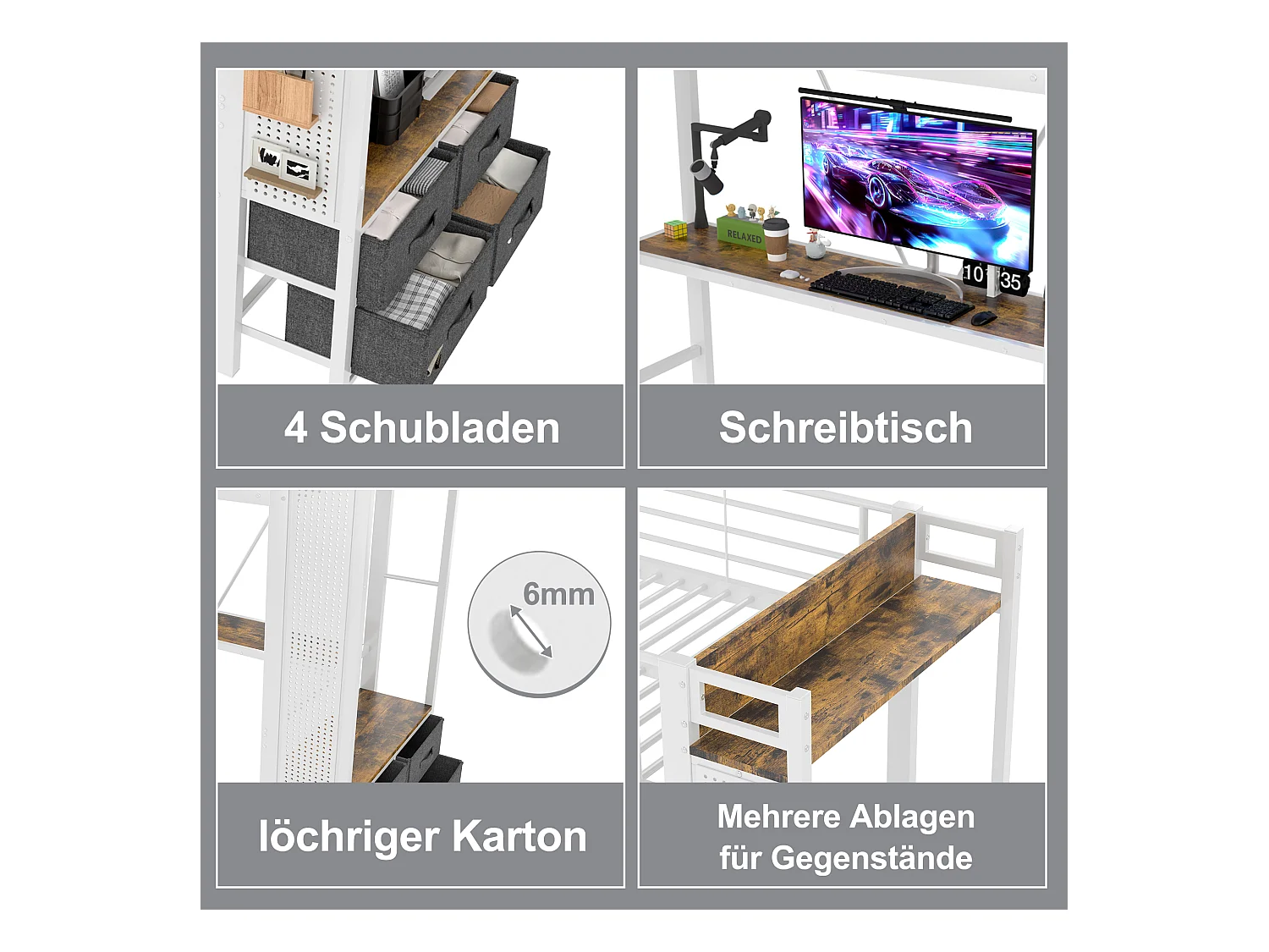 Lit mezzanine enfant - 90 x 200 cm - structure en fer - avec bureau + 4 tiroirs + Leds - métal - blanc