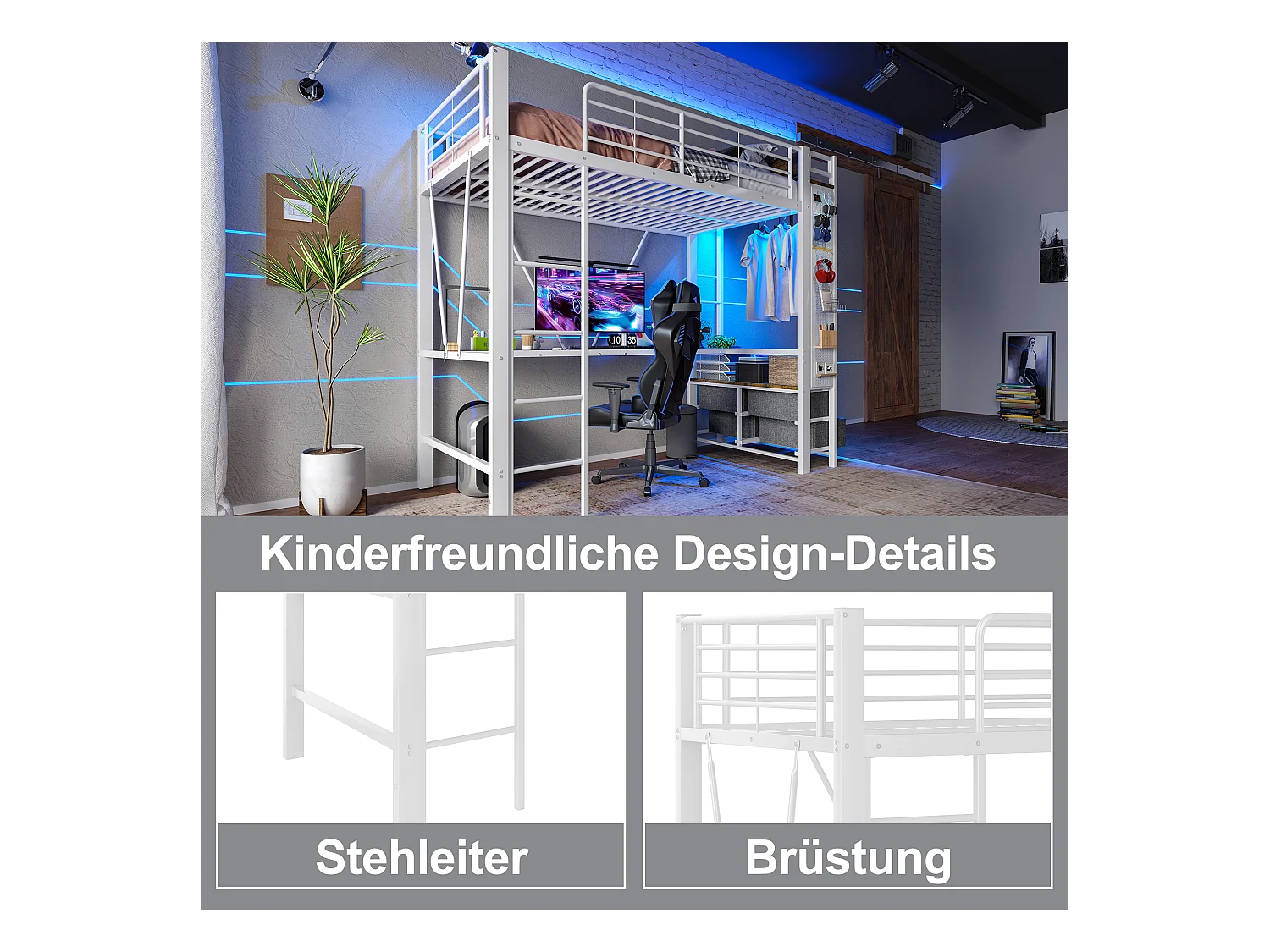 Lit mezzanine enfant - 90 x 200 cm - structure en fer - avec bureau + 4 tiroirs + Leds - métal - blanc