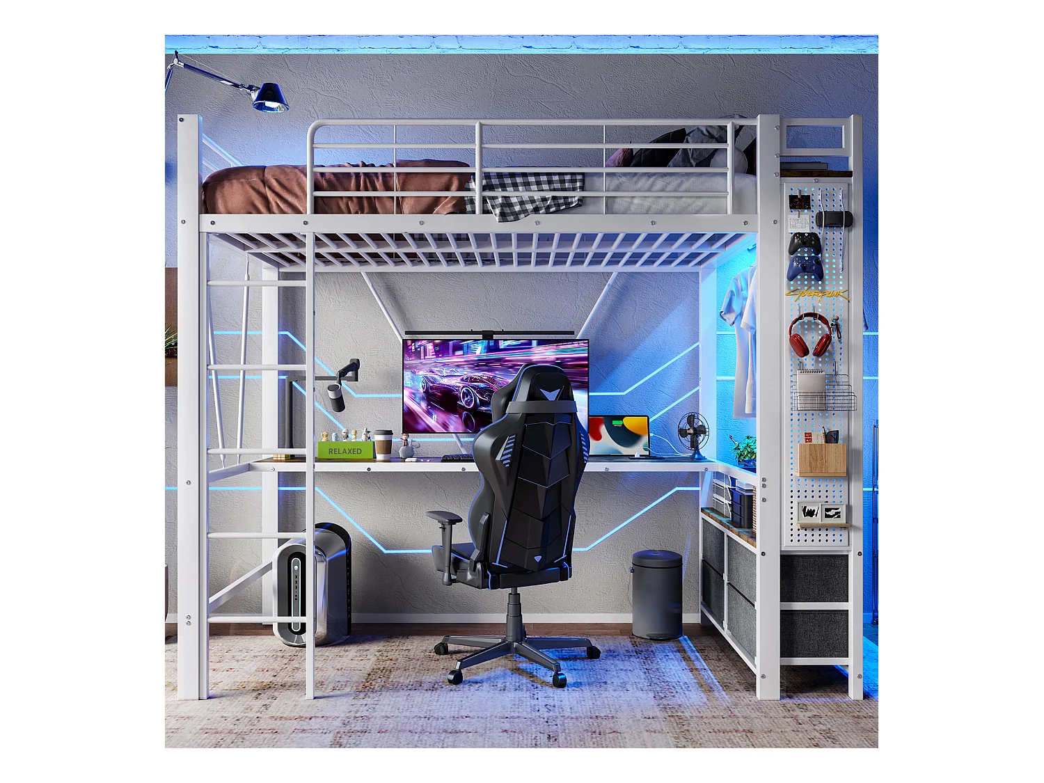 Lit mezzanine enfant - 90 x 200 cm - structure en fer - avec bureau + 4 tiroirs + Leds - métal - blanc