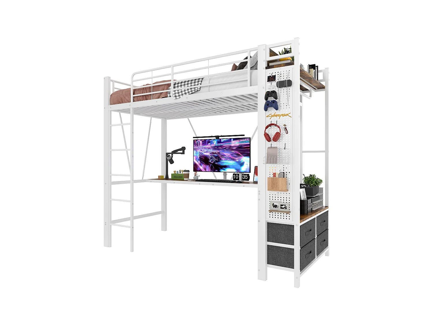 Lit mezzanine enfant - 90 x 200 cm - structure en fer - avec bureau + 4 tiroirs + Leds - métal - blanc