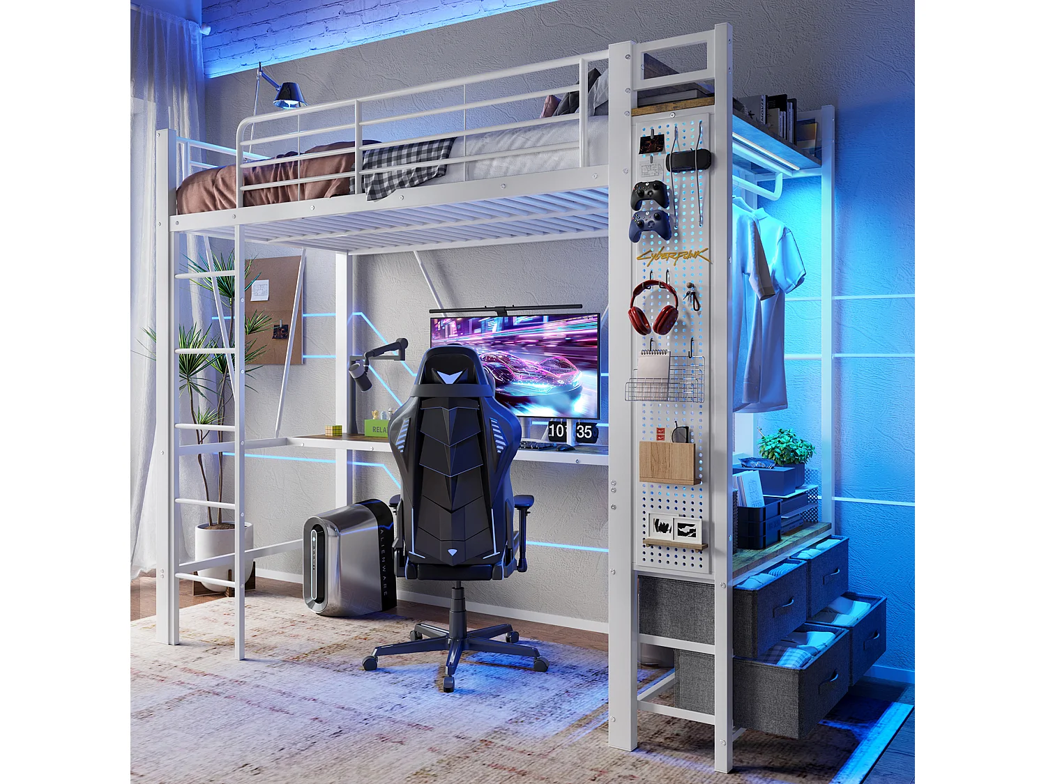 Lit mezzanine enfant - 90 x 200 cm - structure en fer - avec bureau + 4 tiroirs + Leds - métal - blanc