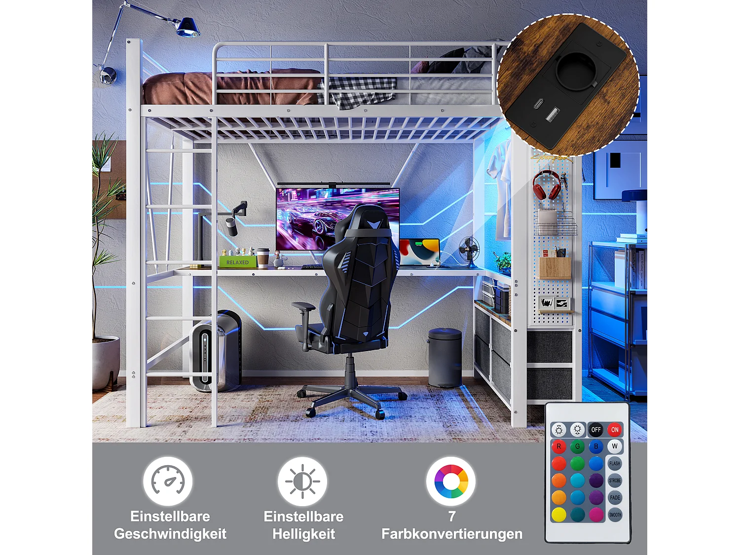 Lit mezzanine enfant - 90 x 200 cm - structure en fer - avec bureau + 4 tiroirs + Leds - métal - blanc