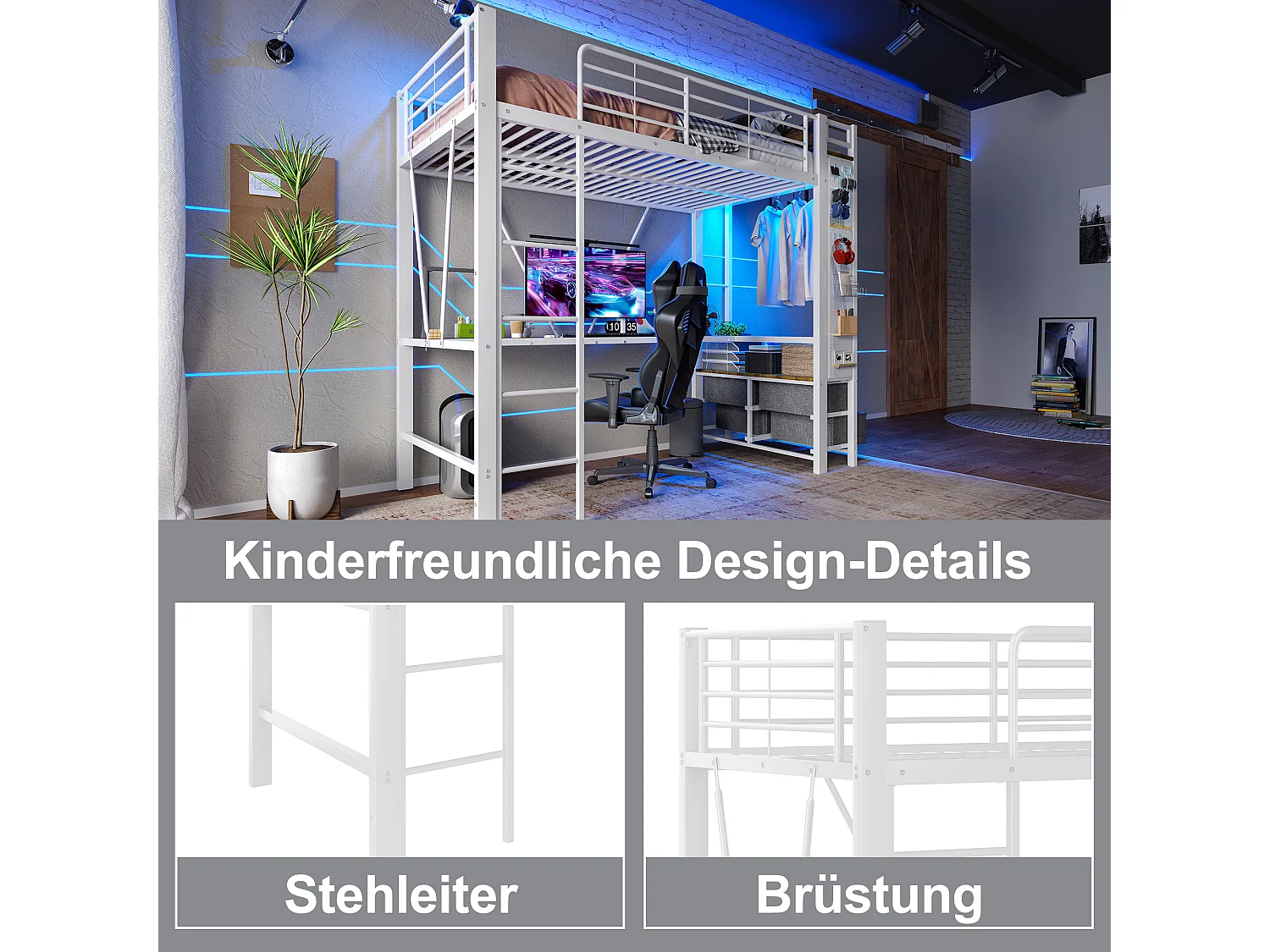 Lit mezzanine enfant - 90 x 200 cm - structure en fer - avec bureau + 4 tiroirs + Leds - métal - blanc
