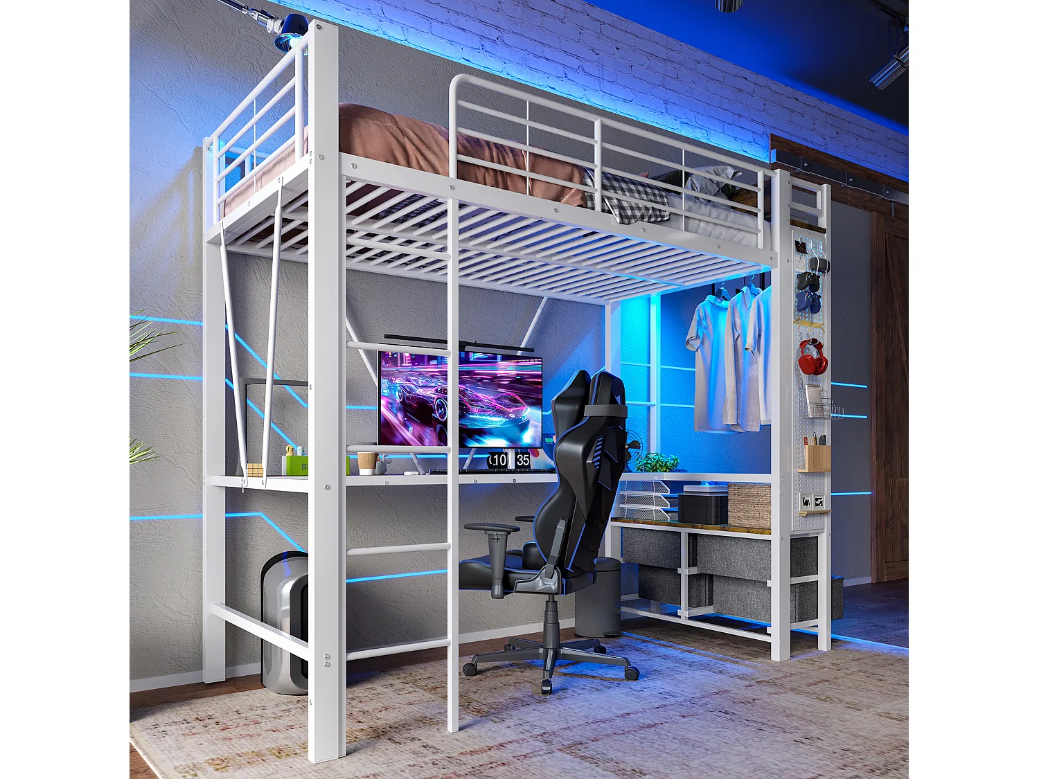 Lit mezzanine enfant - 90 x 200 cm - structure en fer - avec bureau + 4 tiroirs + Leds - métal - blanc