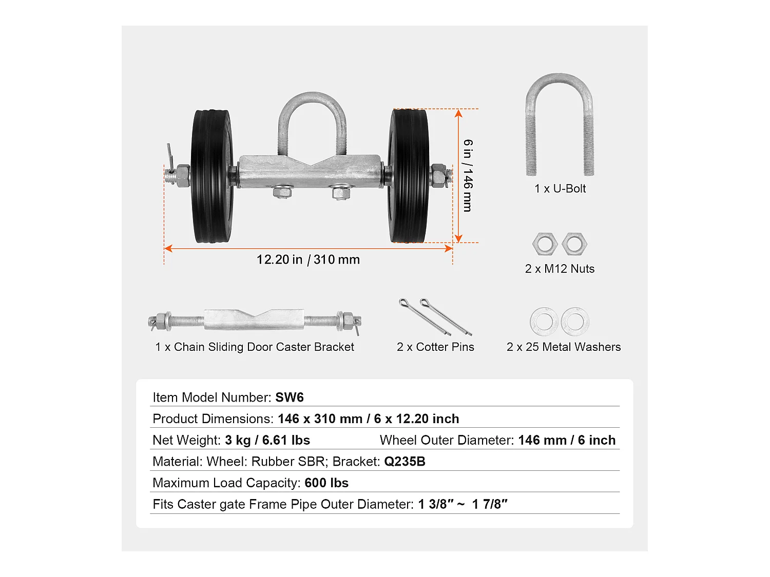 Kit de Portail Coulissant, SucceBuy Kit de Portail Coulissant 15,24 cm Robuste pour Porte 272 kg de Charge