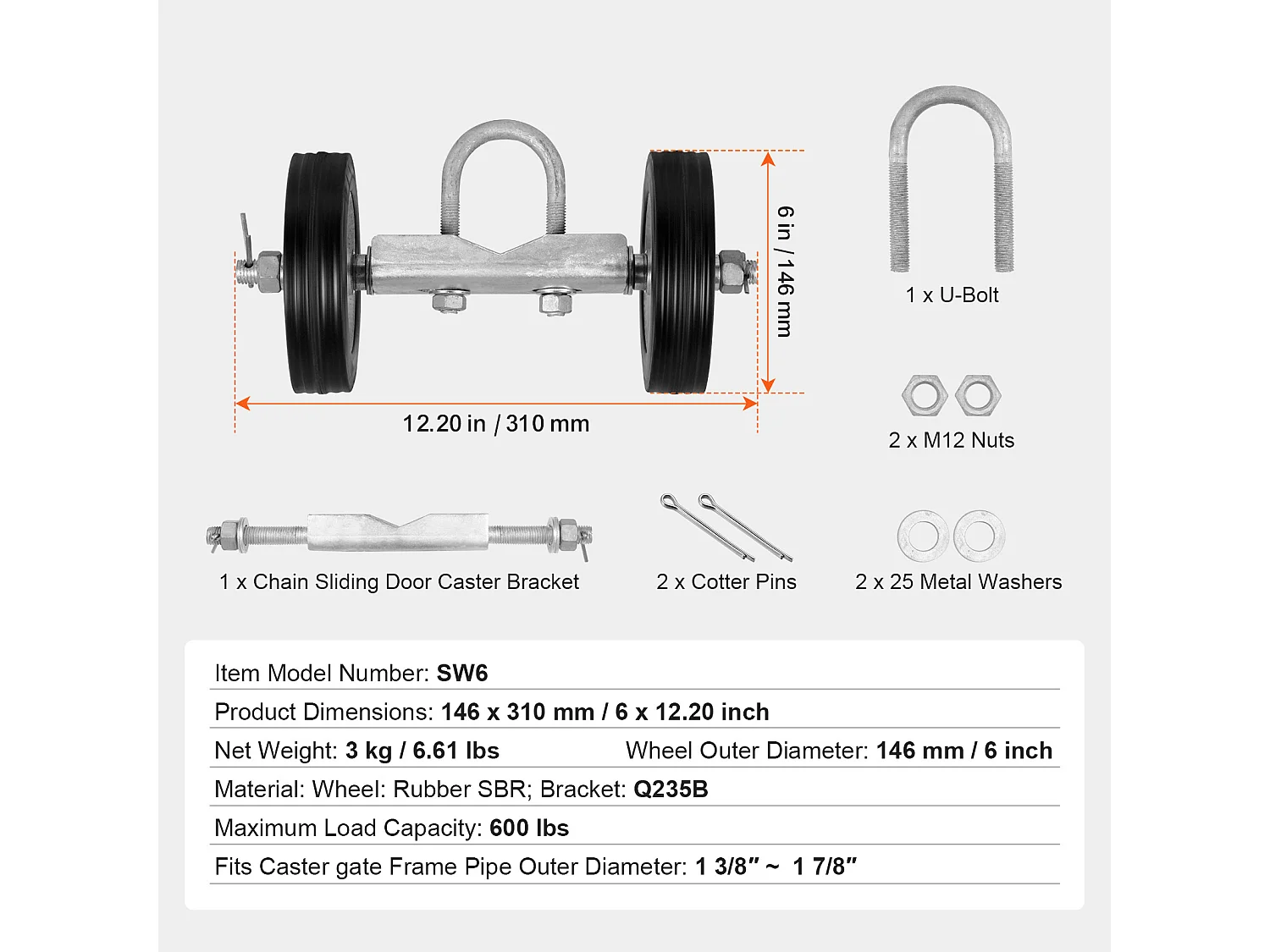 Kit de Portail Coulissant, SucceBuy Kit de Portail Coulissant 15,24 cm Robuste pour Porte 272 kg de Charge