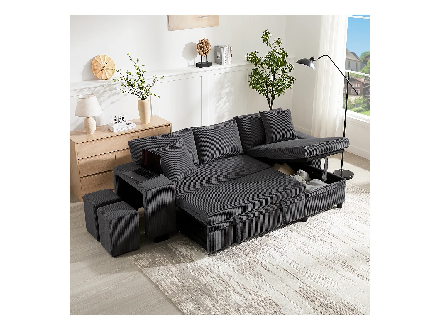 Canapé convertible lit 3 places - 231 x 131.5 x 84 cm - avec USB + coussins + rangement - velours - gris