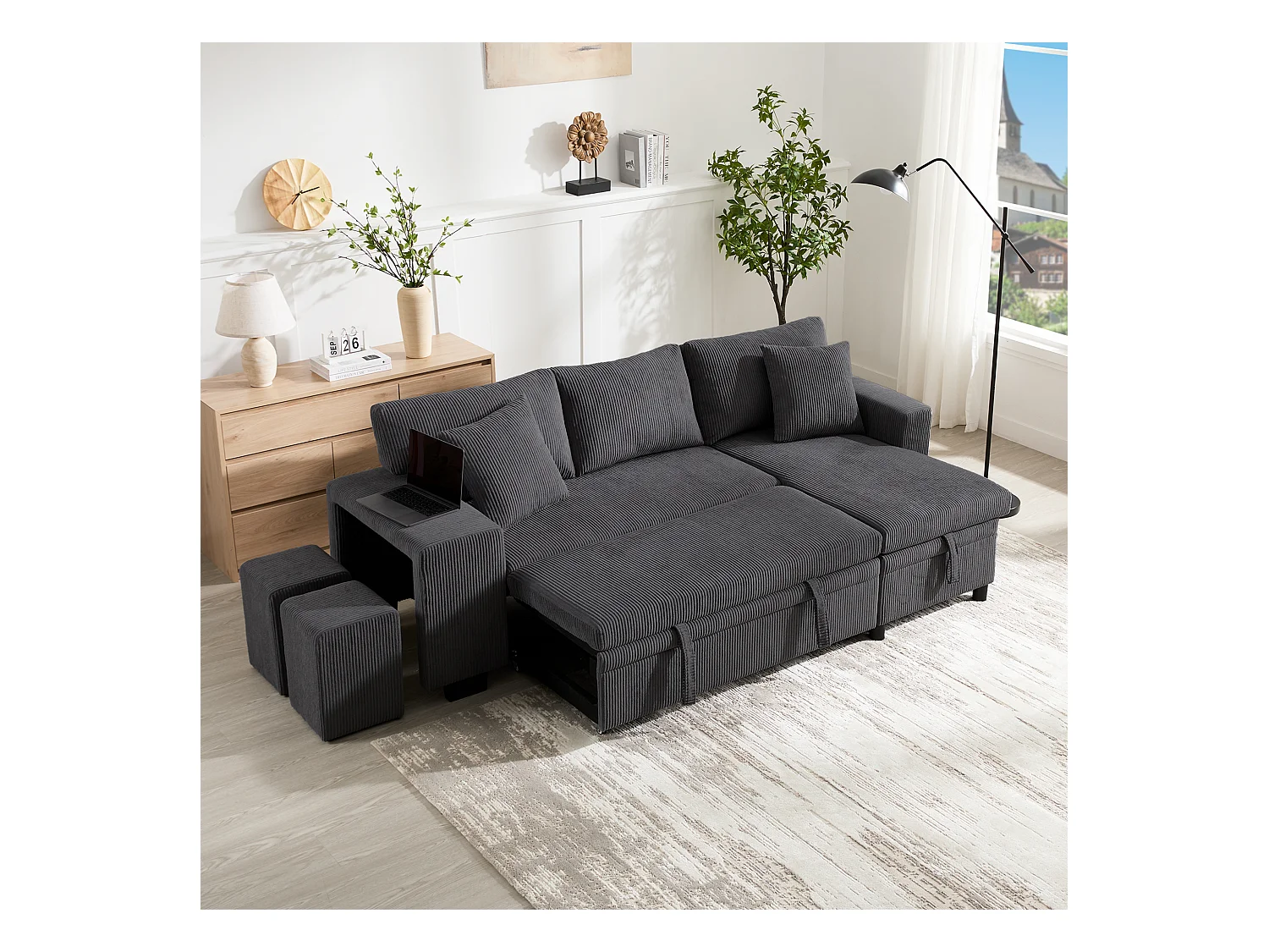 Canapé convertible lit 3 places - 231 x 131.5 x 84 cm - avec USB + coussins + rangement - velours - gris