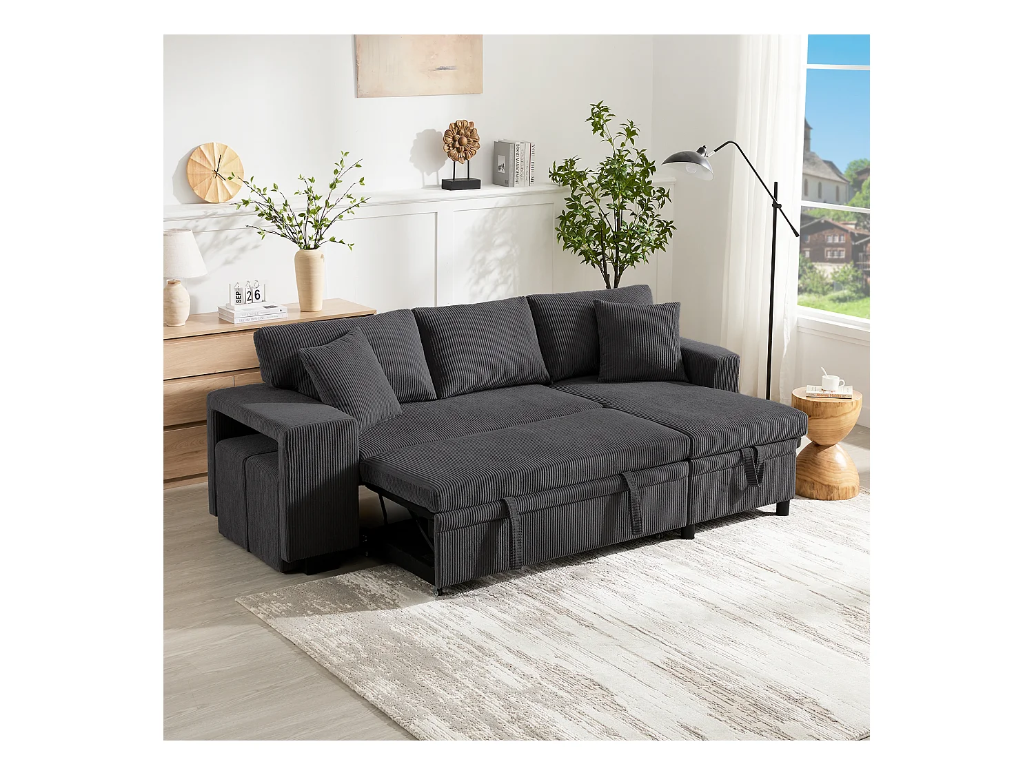 Canapé convertible lit 3 places - 231 x 131.5 x 84 cm - avec USB + coussins + rangement - velours - gris