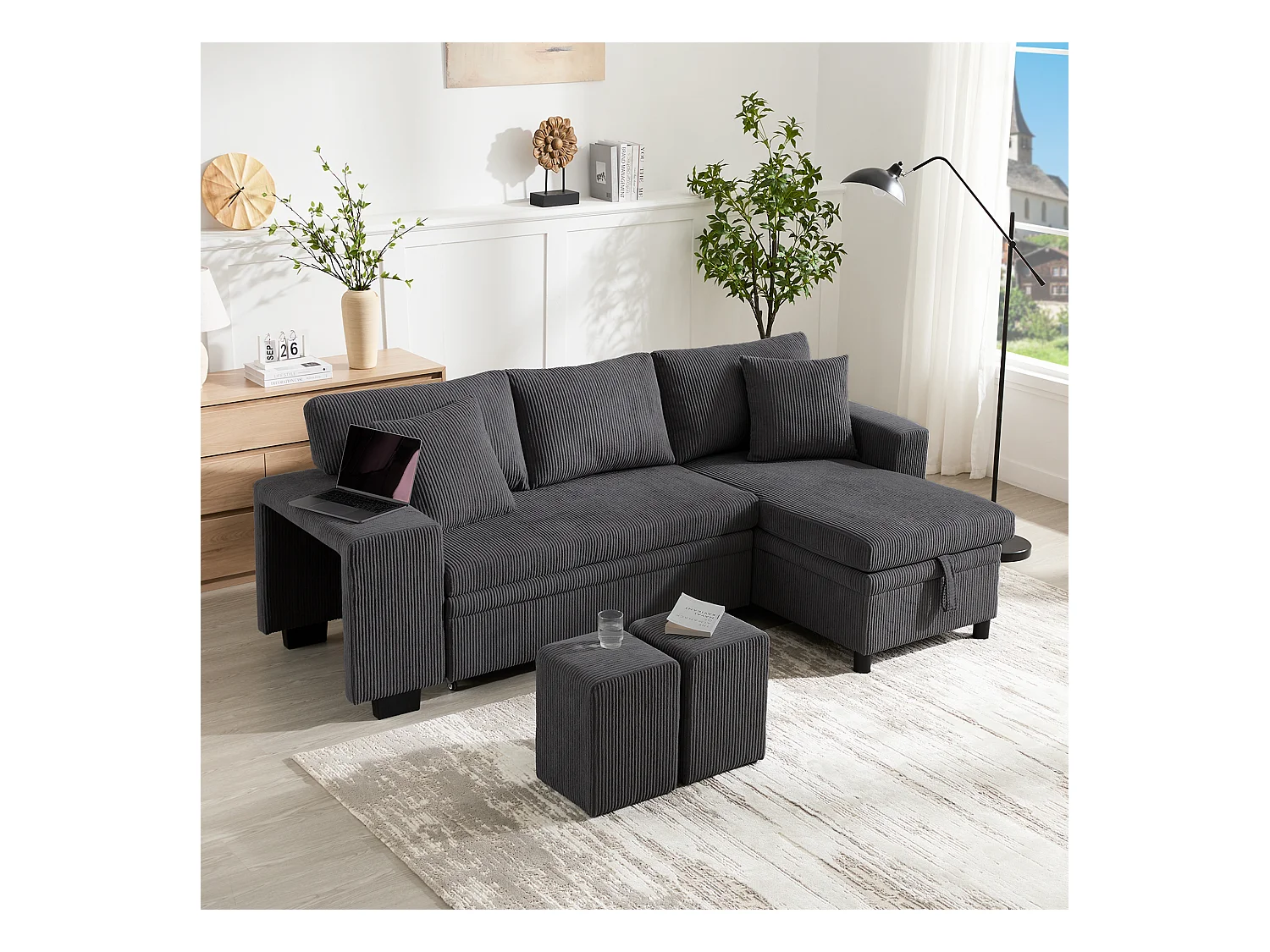 Canapé convertible lit 3 places - 231 x 131.5 x 84 cm - avec USB + coussins + rangement - velours - gris
