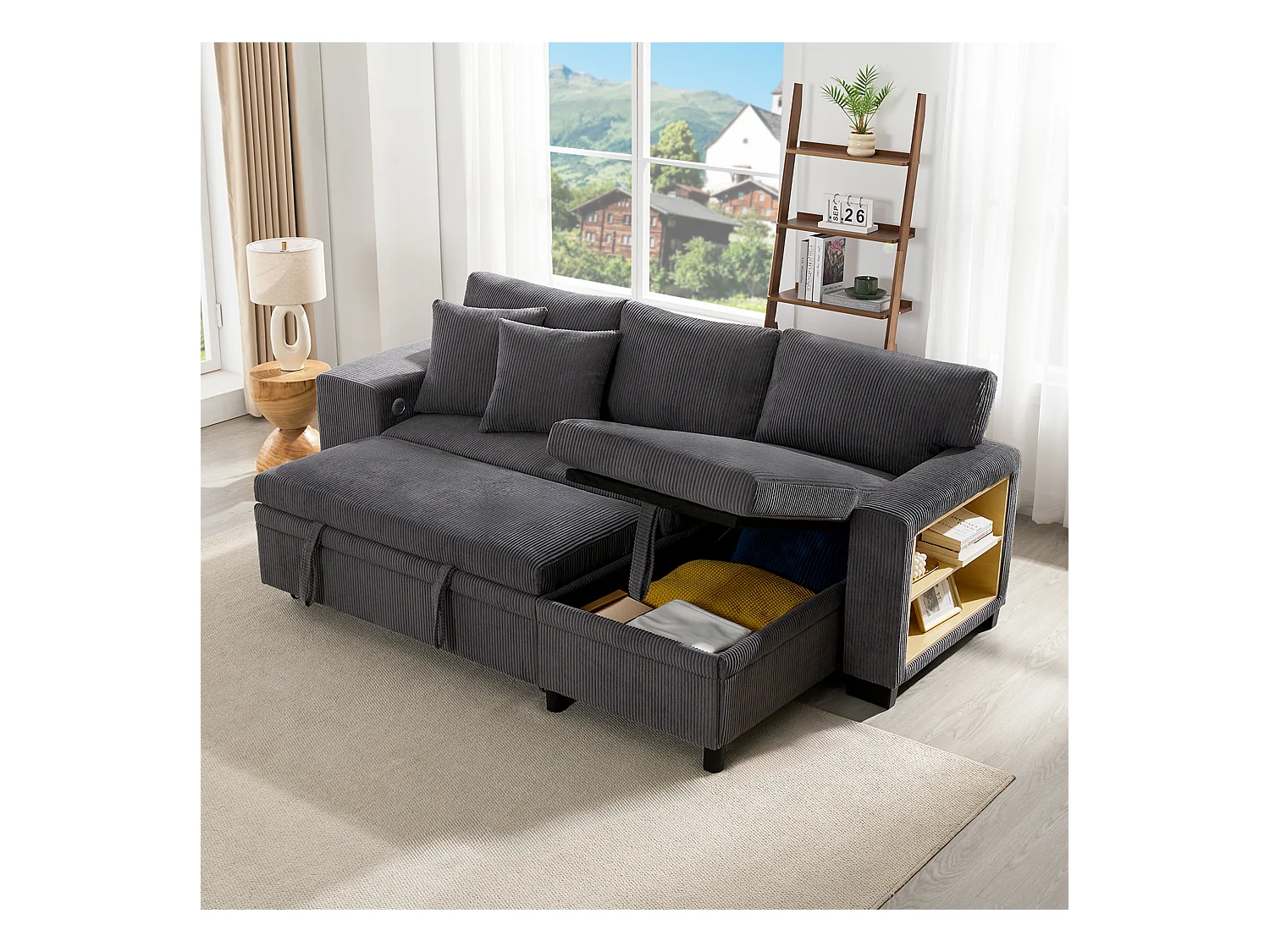 Canapé convertible lit 3 places - 231 x 131.5 x 84 cm - avec USB + coussins + rangement - velours - gris