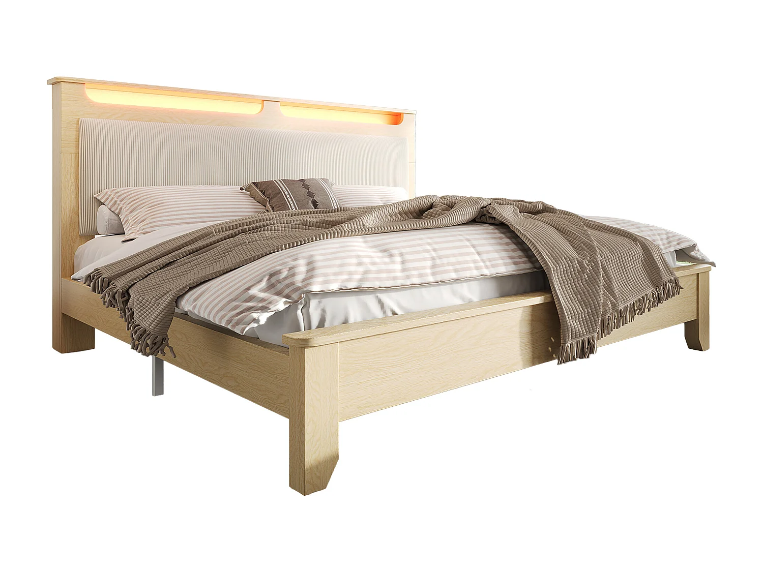 Lit double dossier rembourré - 180 x 200 cm - tête de lit rangement + Leds - MDF - beige