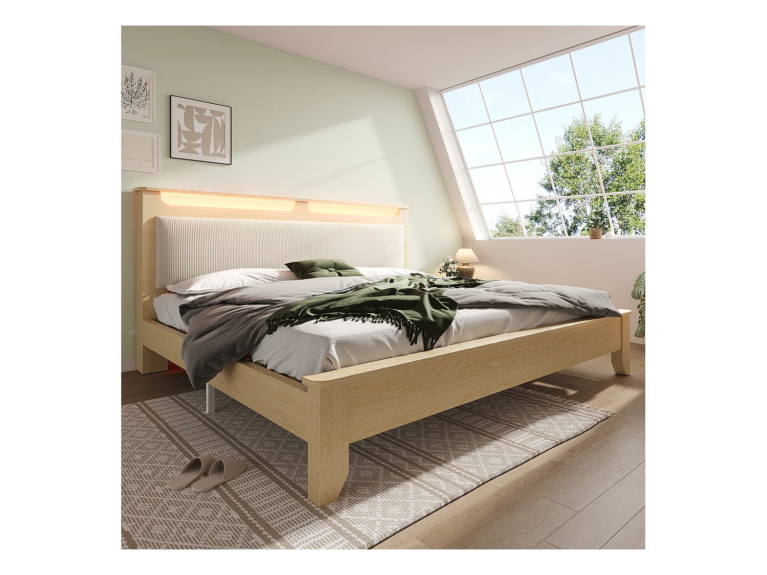 Lit double dossier rembourré - 180 x 200 cm - tête de lit rangement + Leds - MDF - beige