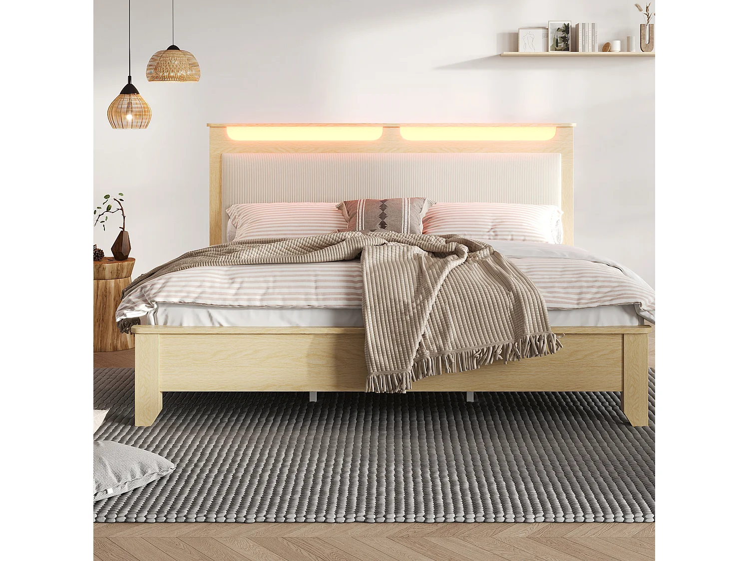 Doppelbett mit gepolsterter Rückenlehne - 180 x 200 cm - Kopfteil mit Stauraum + LEDs - MDF - beige