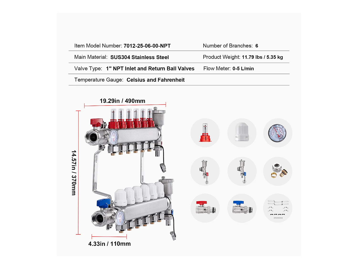 Collecteur de Chauffage Radiant SucceBuy à 6 Branches Ensemble de Collecteur de Chauffage par le Sol avec Tubes PEX de 2.54/5.08cm