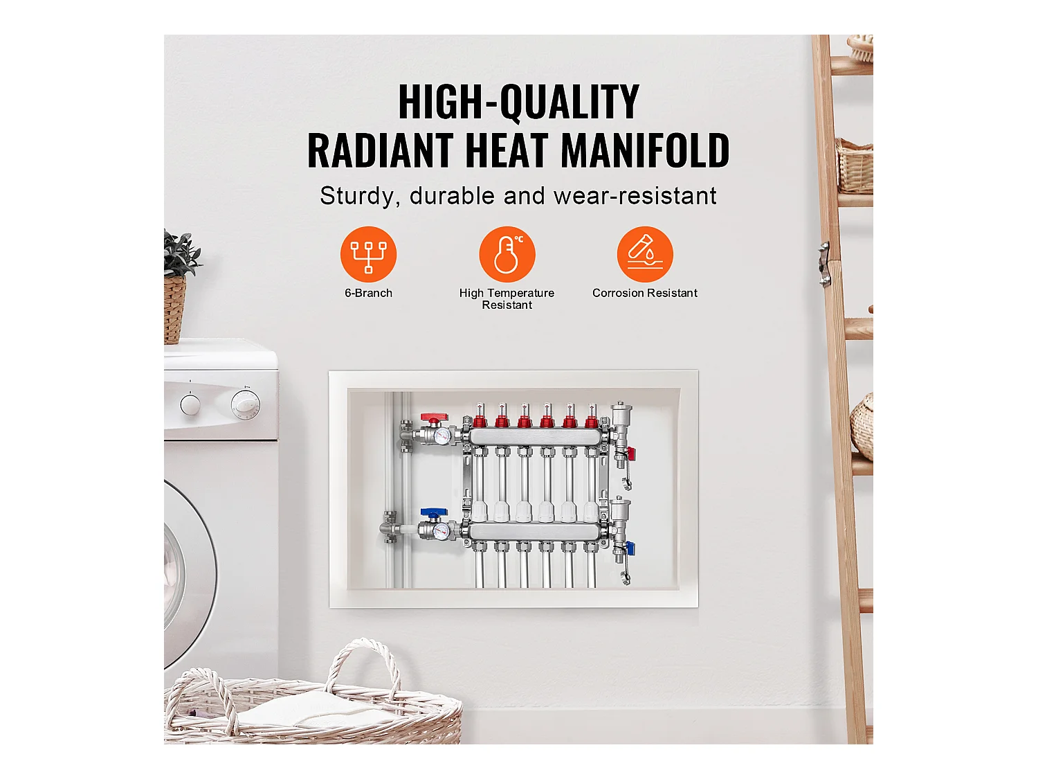 Collecteur de Chauffage Radiant SucceBuy à 6 Branches Ensemble de Collecteur de Chauffage par le Sol avec Tubes PEX de 2.54/5.08cm