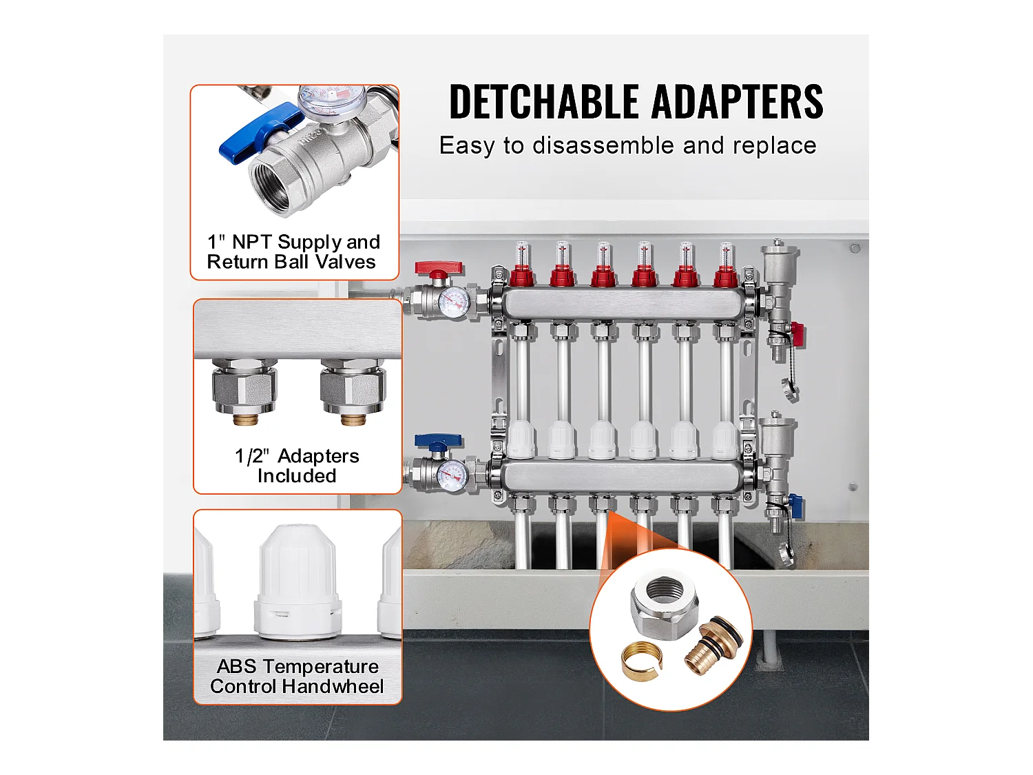 Collecteur de Chauffage Radiant SucceBuy à 6 Branches Ensemble de Collecteur de Chauffage par le Sol avec Tubes PEX de 2.54/5.08cm