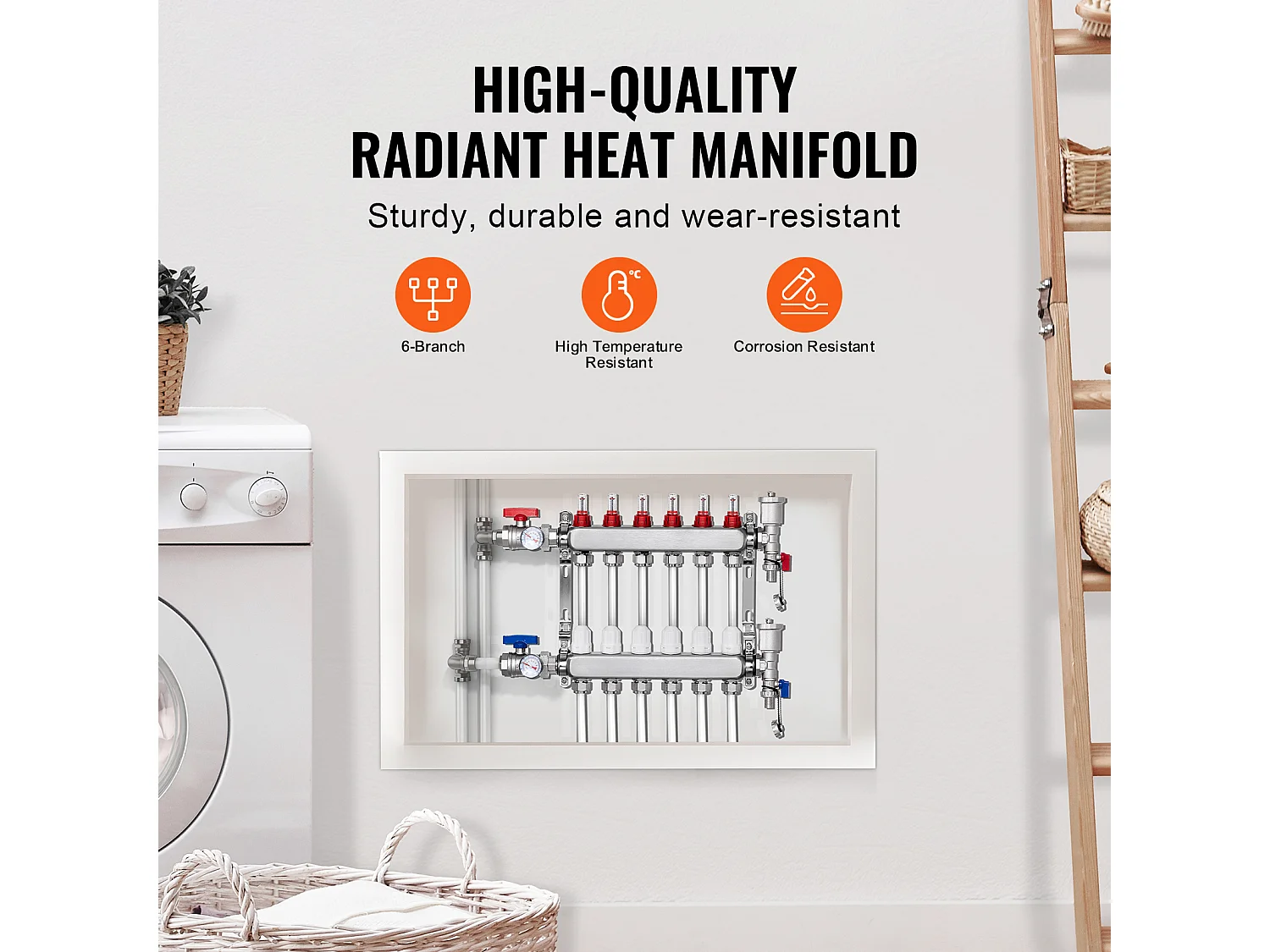 Collecteur de Chauffage Radiant SucceBuy à 6 Branches Ensemble de Collecteur de Chauffage par le Sol avec Tubes PEX de 2.54/5.08cm