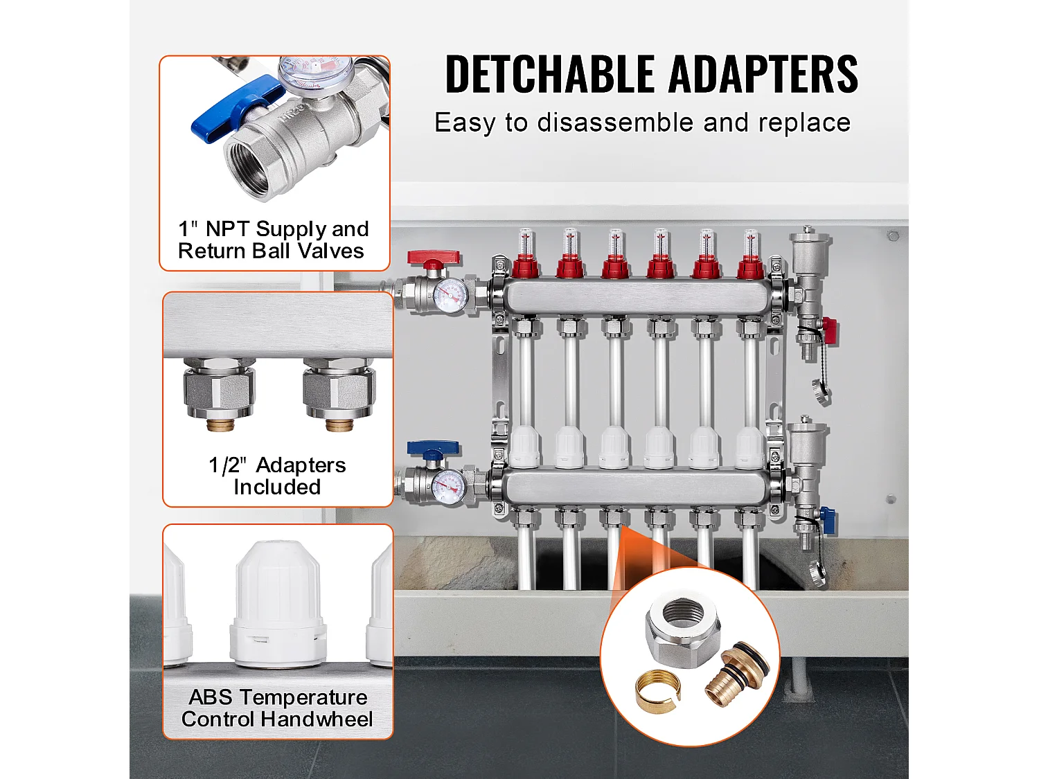 Collecteur de Chauffage Radiant SucceBuy à 6 Branches Ensemble de Collecteur de Chauffage par le Sol avec Tubes PEX de 2.54/5.08cm