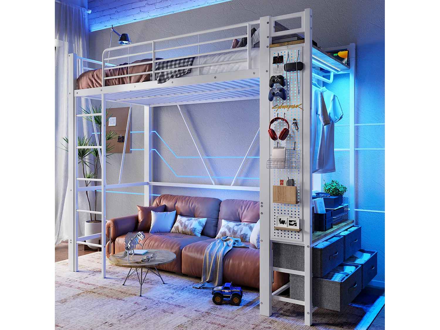 Lit mezzanine enfant - 90 x 200 cm - structure en fer - avec étagères + 4 tiroirs + Leds - métal - blanc