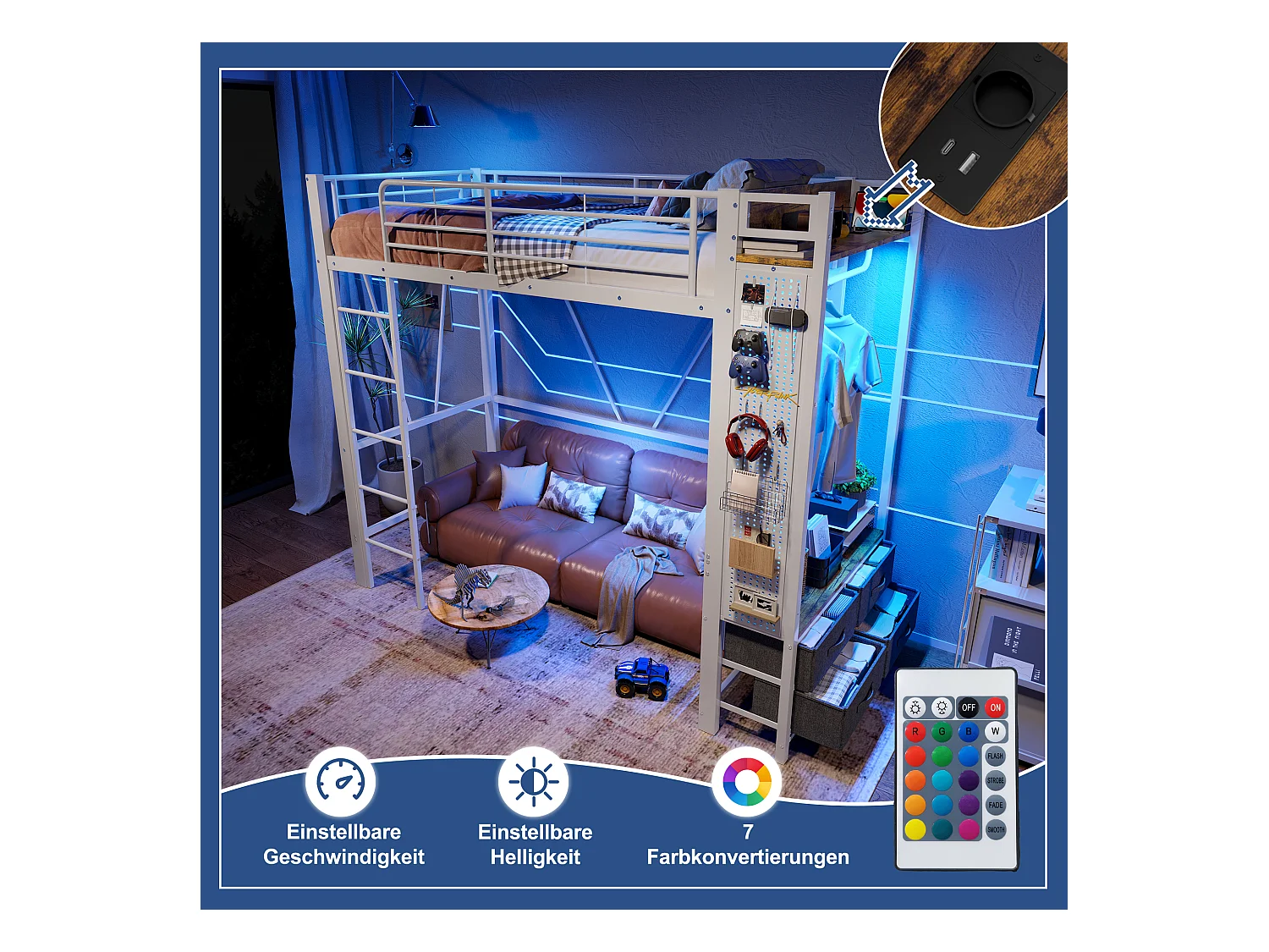 Lit mezzanine enfant - 90 x 200 cm - structure en fer - avec étagères + 4 tiroirs + Leds - métal - blanc
