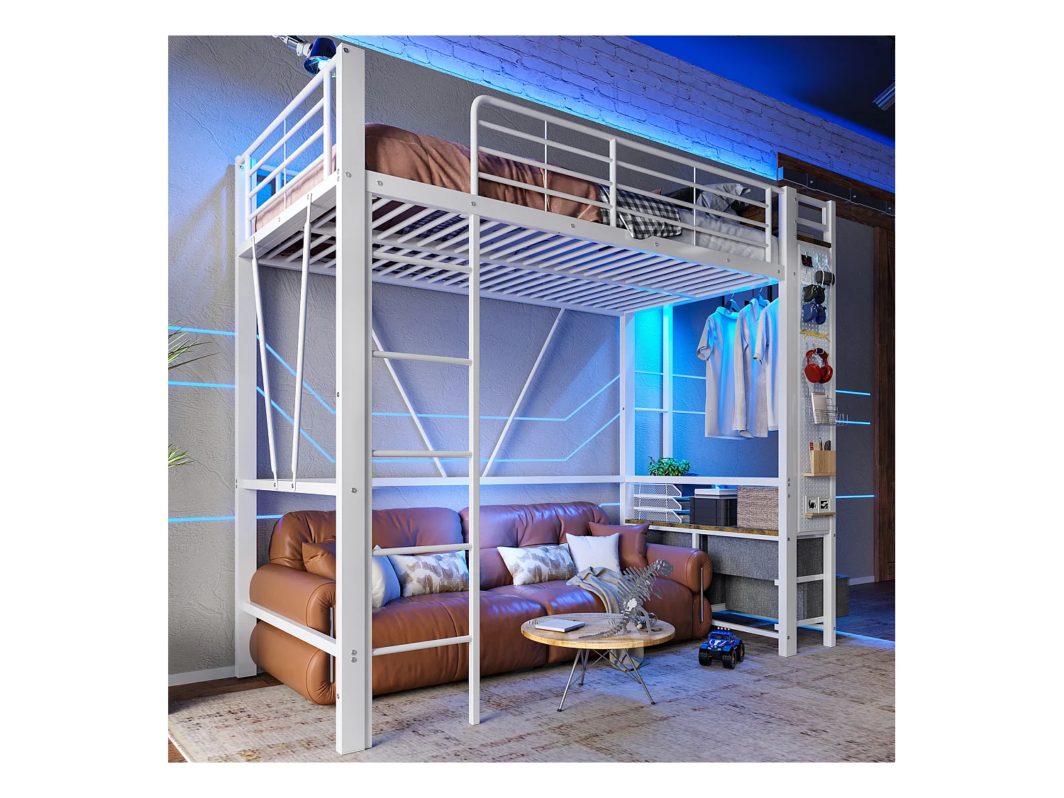 Lit mezzanine enfant - 90 x 200 cm - structure en fer - avec étagères + 4 tiroirs + Leds - métal - blanc