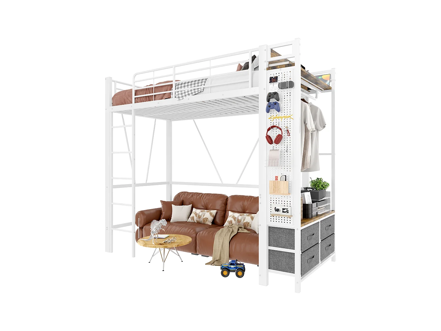 Lit mezzanine enfant - 90 x 200 cm - structure en fer - avec étagères + 4 tiroirs + Leds - métal - blanc