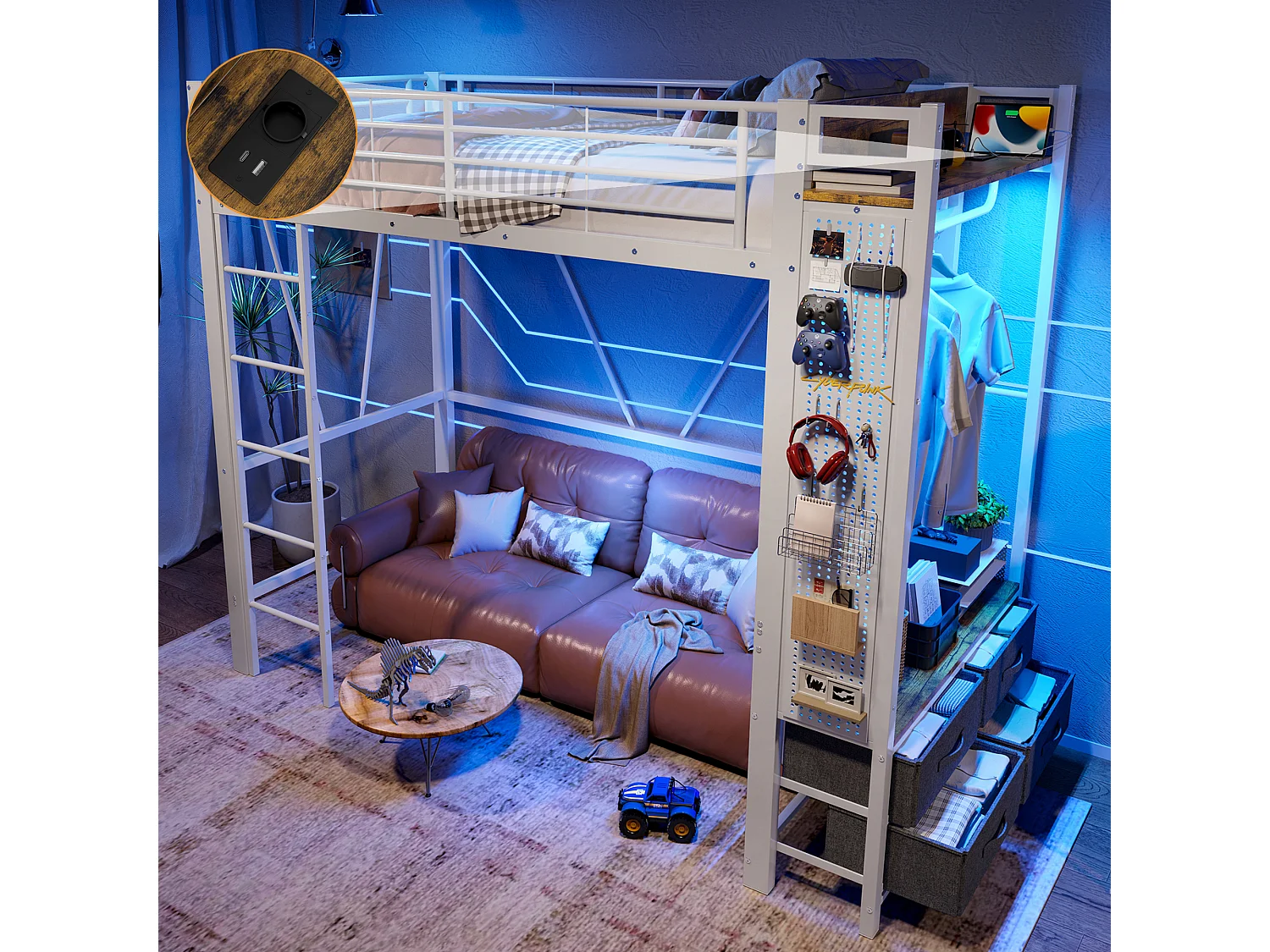 Kinderhochbett - 90 x 200 cm - Eisenkonstruktion - mit Regalen + 4 Schubladen + LEDs - Metall - weiß