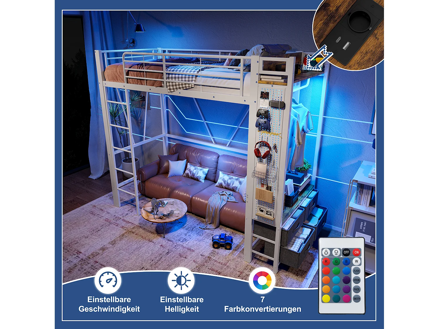 Kinderhochbett - 90 x 200 cm - Eisenkonstruktion - mit Regalen + 4 Schubladen + LEDs - Metall - weiß