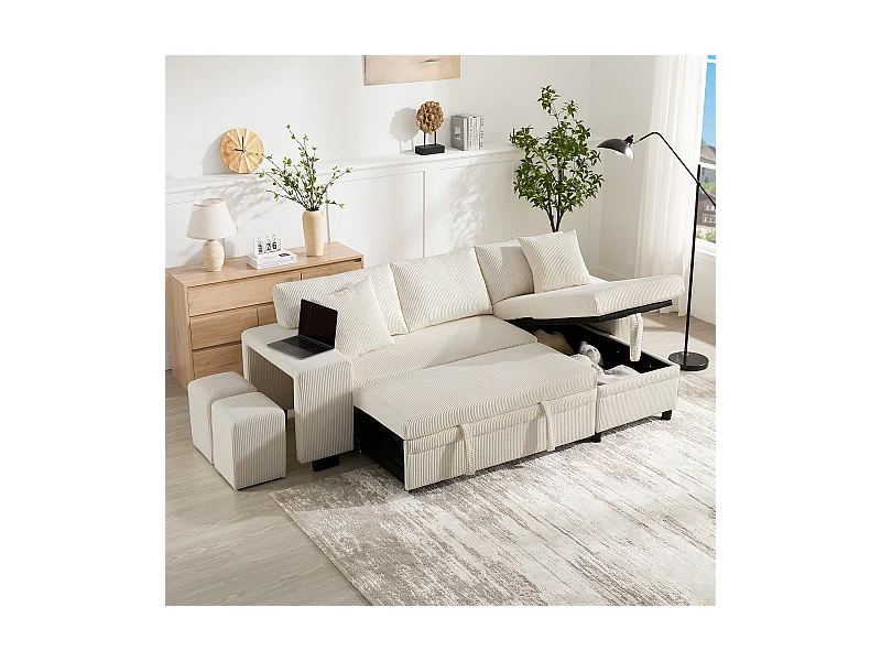 3-Sitzer-Schlafsofa – 231 x 131,5 x 84 cm – mit USB + Kissen + Stauraum – Samt – Beige